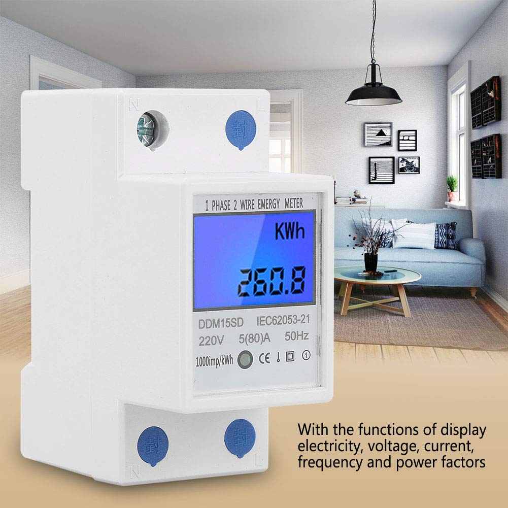 Medidor electrónico KWh, medidor de energía DDM15SD de 5-80A, medidor de energía monofásico, instalación de riel DIN de 1.378in,
