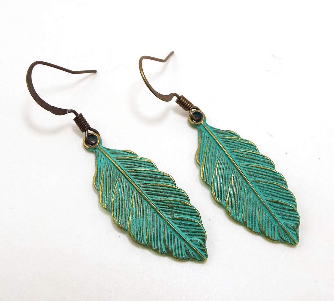 Metal Feather or Leaf Dangle Earrings with Teal Verdigris Patina over Brass with Antiqued Brass Ear Wires