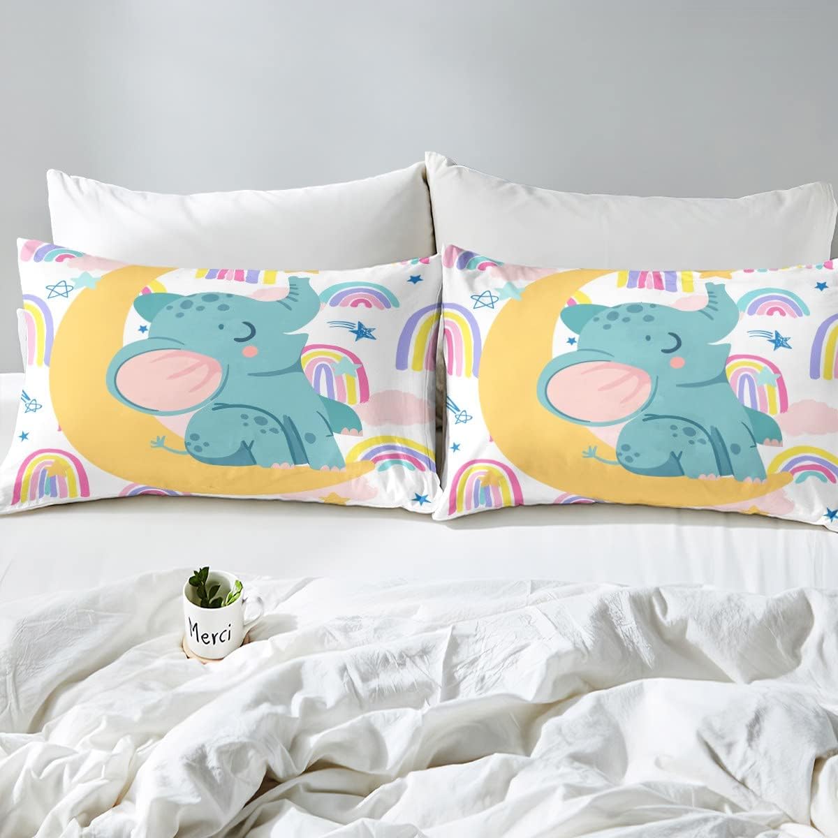 Feelyou Juego de edredón con diseño de arco iris, juego de ropa de cama con estampado de elefante, lindo juego de edredón acolchado de animales para