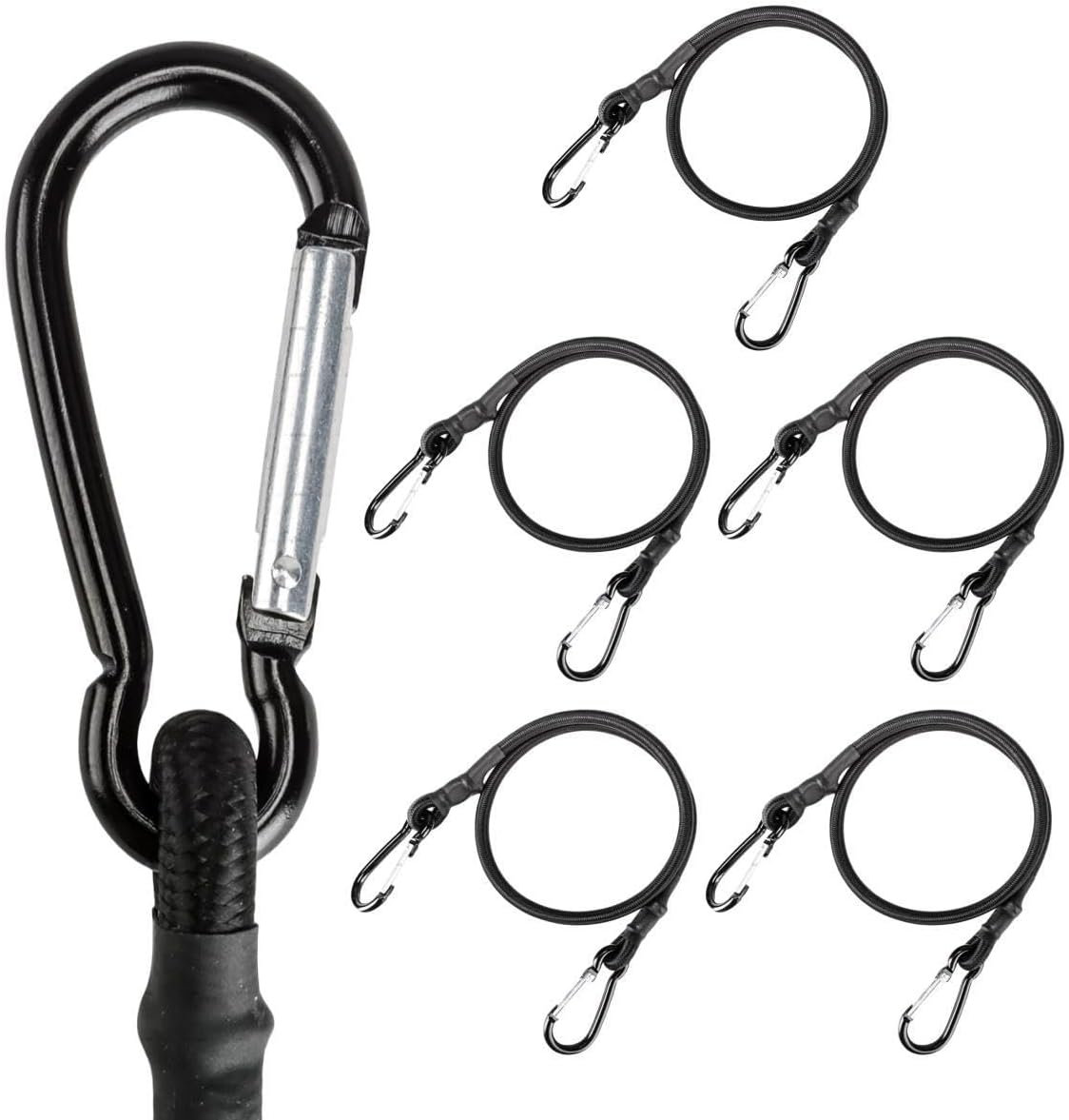 Lanlord Látex negro resistente al aire libre 20 pulgadas cuerdas elásticas con ganchos de mosquetón 20 pulgadas BC6pcs