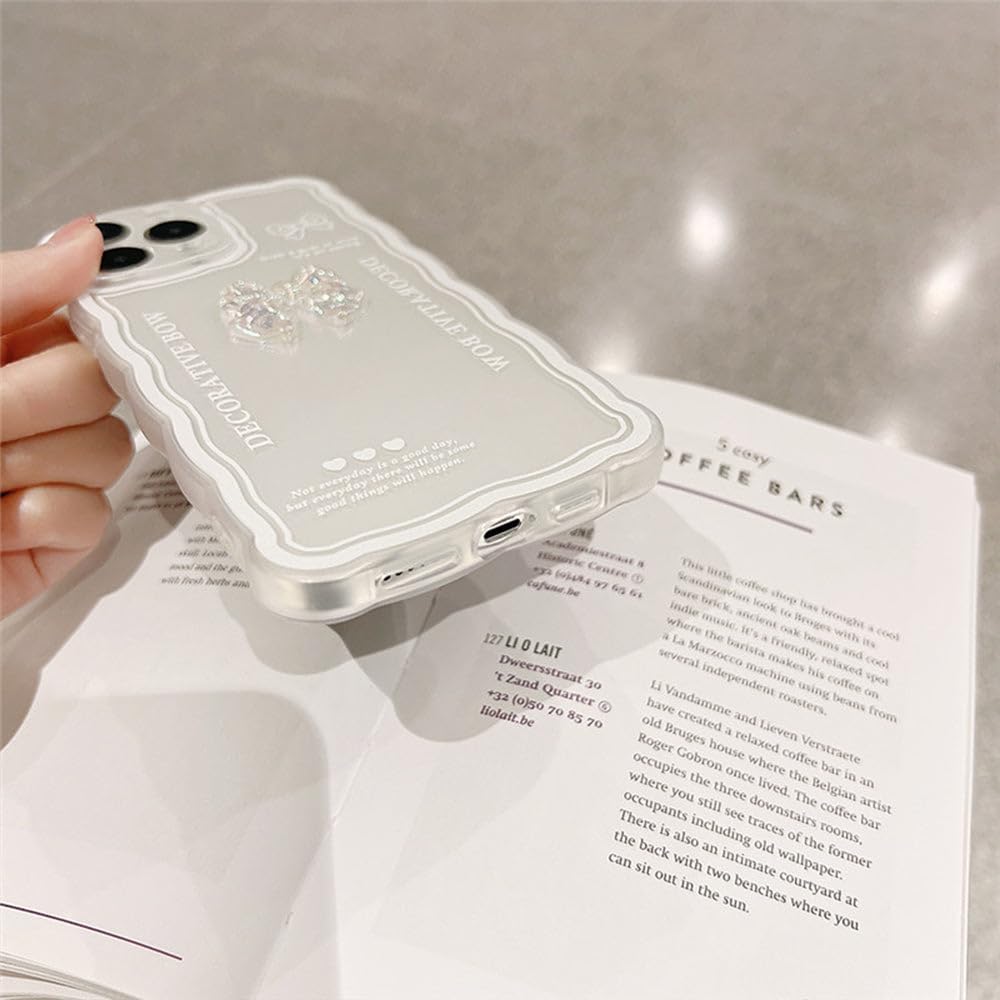 Casechics Funda compatible con iPhone, bonita pajarita de cristal 3D, forma de onda rizada con correa de pulsera de corazón, cadena, transparente,