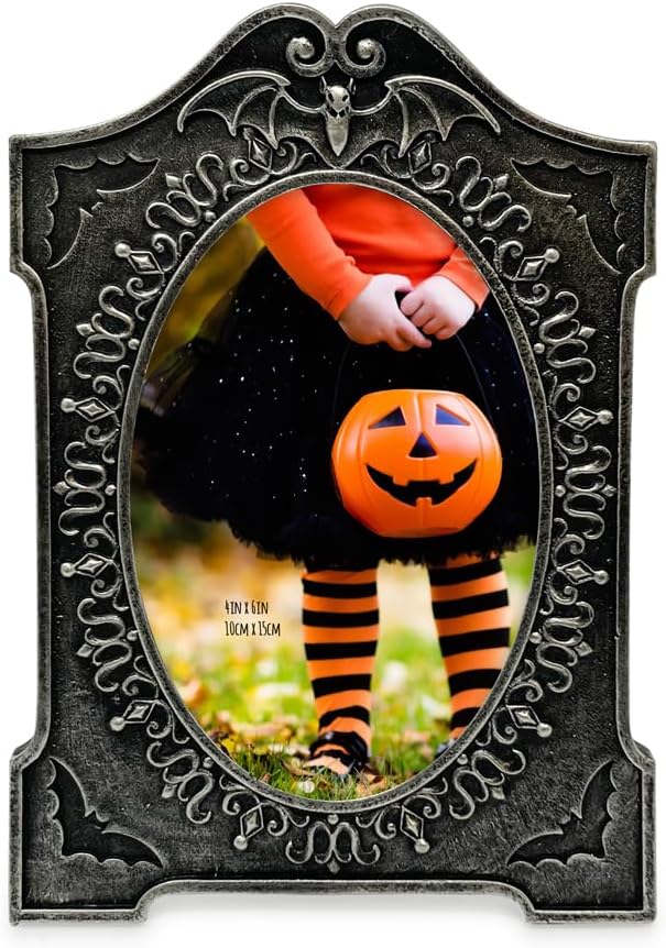 Isaac Jacobs – Marco de fotos de Halloween con forma de lápida de 4 x 6 pulgadas, mesa de fotos y exhibición de pared, exhibición colgante y