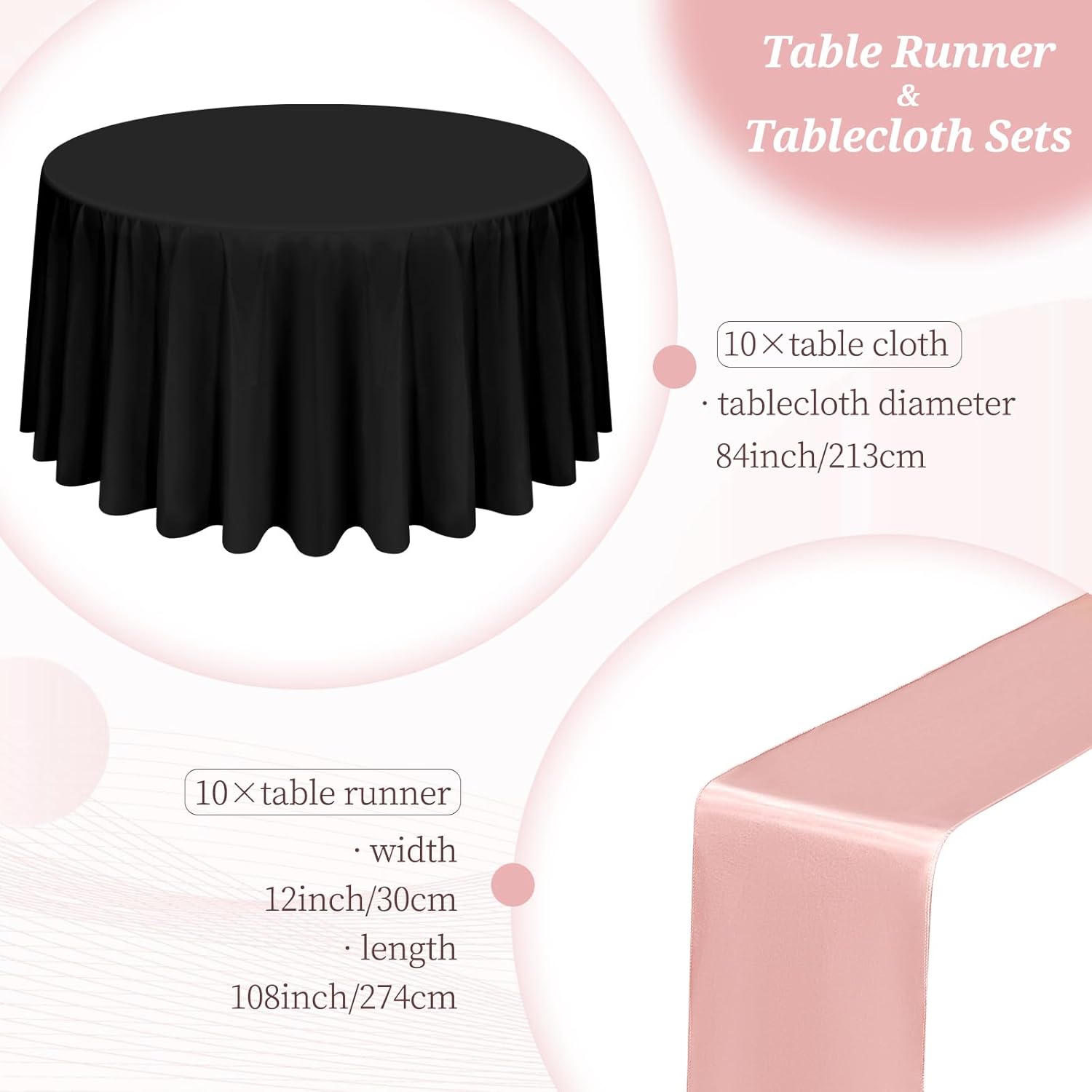 10 manteles desechables de plástico negro de 84 pulgadas con 10 manteles de satén color oro rosa de 12 x 108 pulgadas, manteles impermeables para