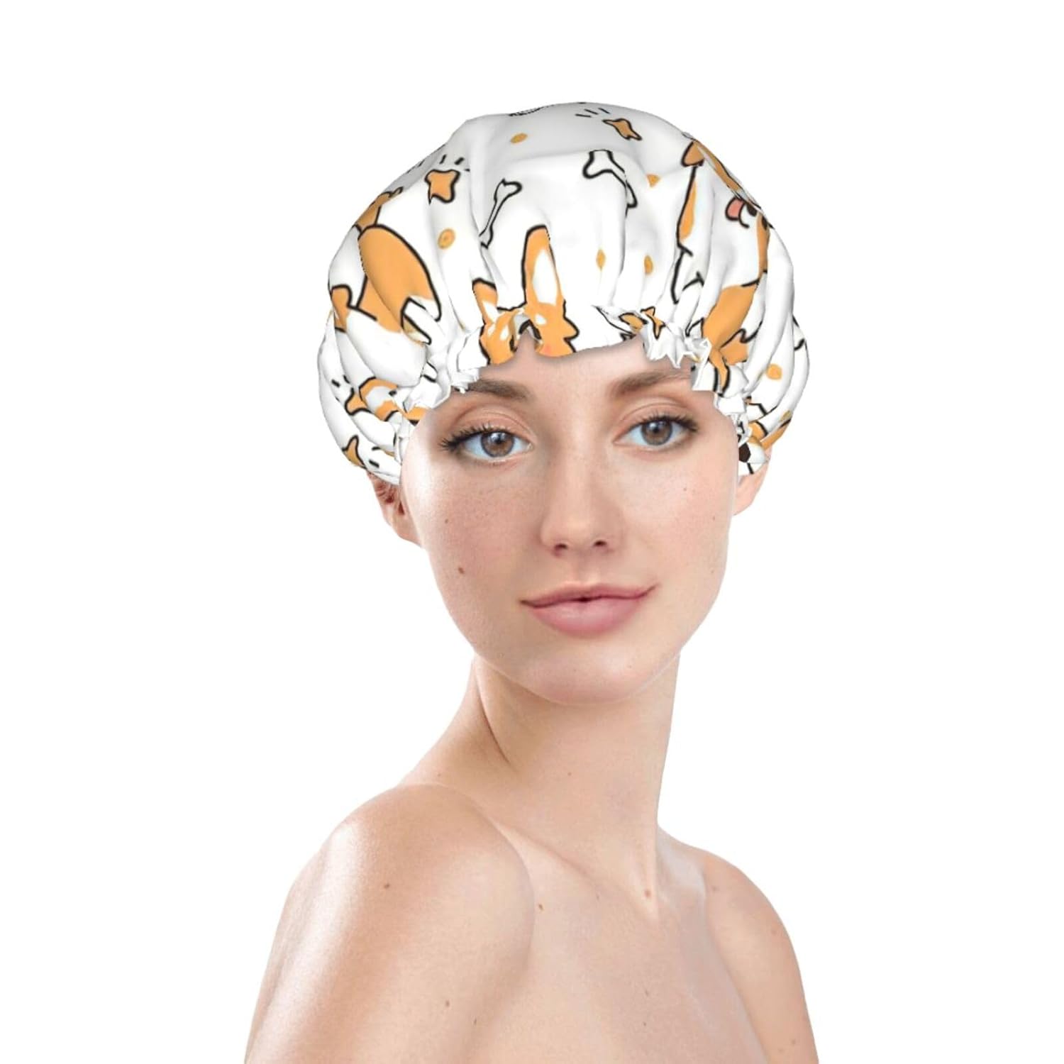 Gorro de ducha impermeable de doble capa con estampado de perro, adecuado para todas las longitudes de cabello (10.6 x 4.3 pulgadas)