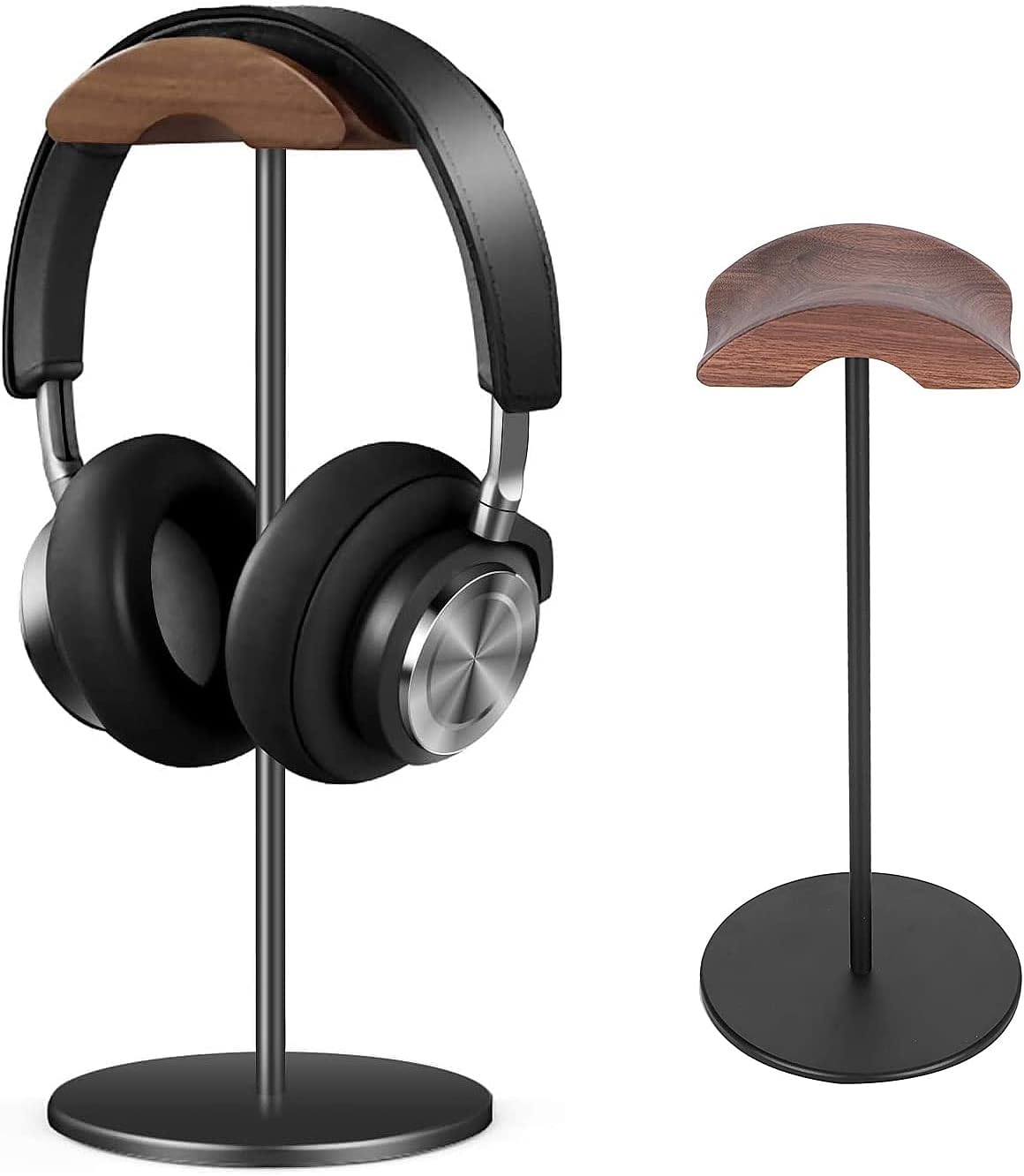 Soporte para auriculares con reposacabezas de madera de nogal premium, gancho para colgar auriculares para escritorio con base pesada sólida para