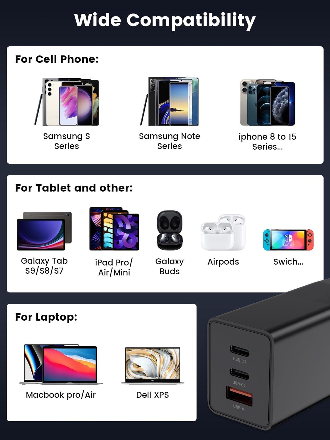 Cargador GaN máximo de 65 W, cargador de pared USB C de 3 puertos, carga rápida, compatible con Samsung Galaxy S23 Ultra S23 S23+ S22 S22 Ultra S22+