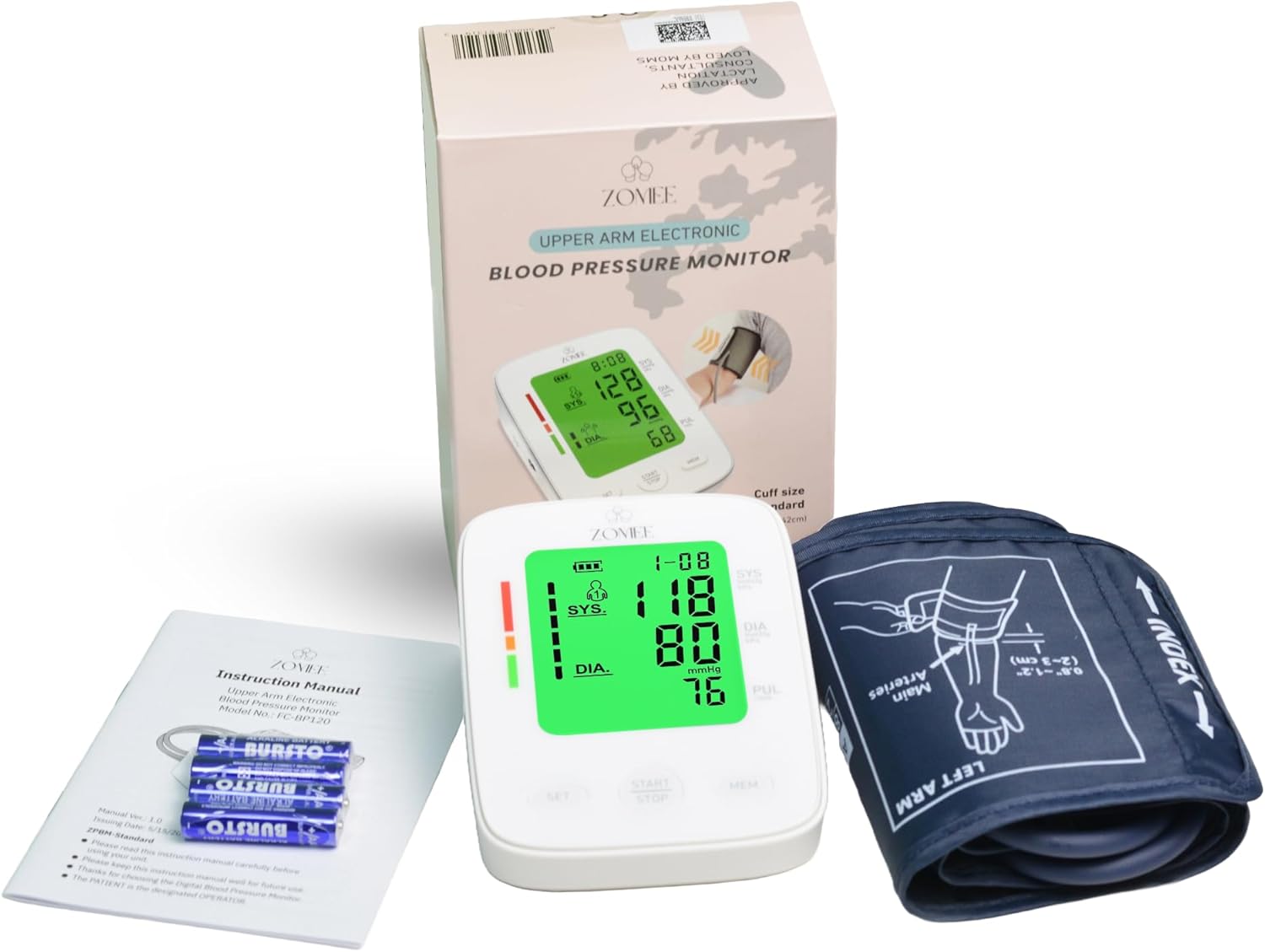 Zomee Monitor de presión arterial de brazo superior con transmisión de voz BP precisa, pantalla grande LCD, 2 x 99 memorias fáciles de 1 toque,