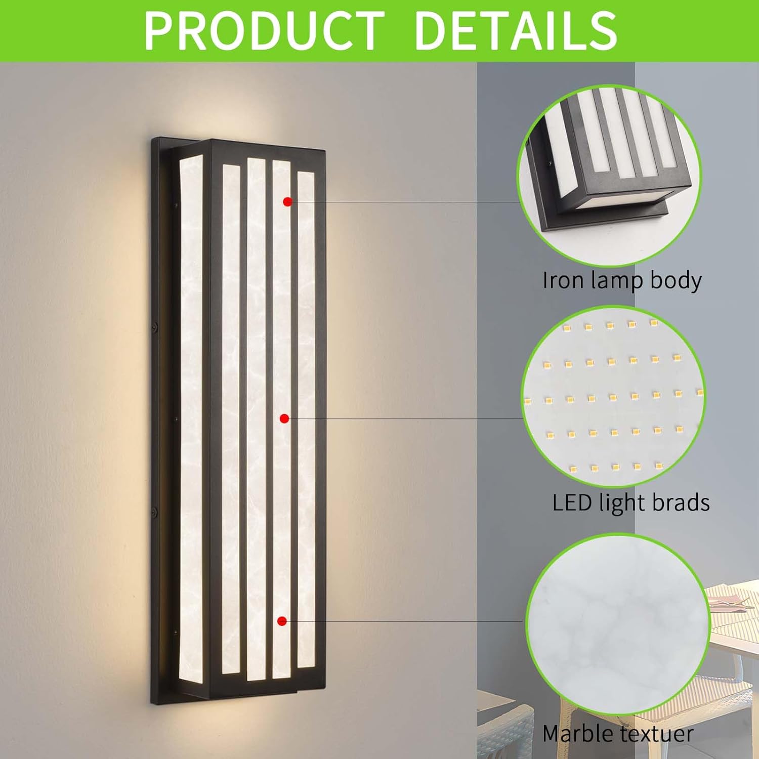 Sconce26W – Luces de pared para exteriores, modernas, para exteriores, 24 pulgadas, pantalla de resina texturizada de mármol, impermeable, para
