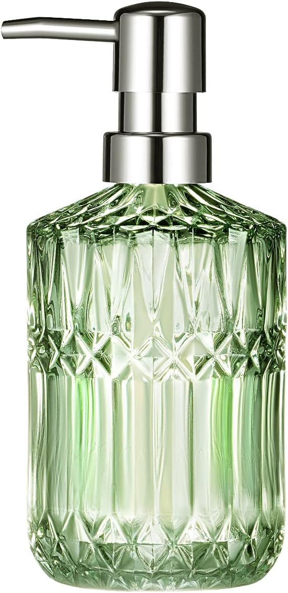 Diamond Design – Dispensador de jabón de vidrio verde de 12 onzas, dispensador de jabón de loción recargable para baño, cocina, jabón de manos,
