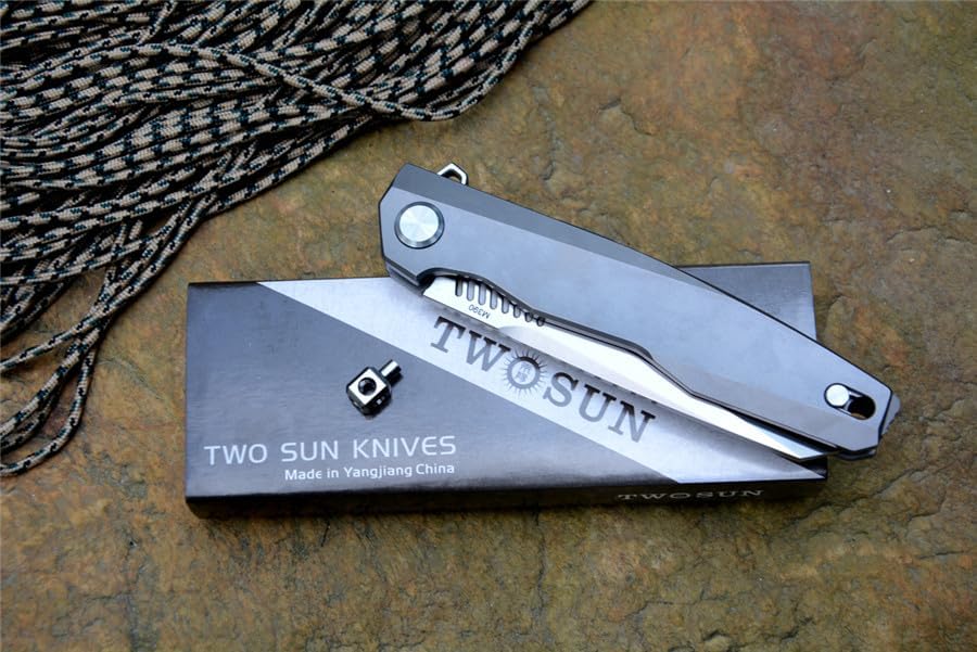 TwoSun Cuchillo TS88 M390 Hoja Mango de Titanio Novedad Espiga y Mortaja Trabajo (mango gris)