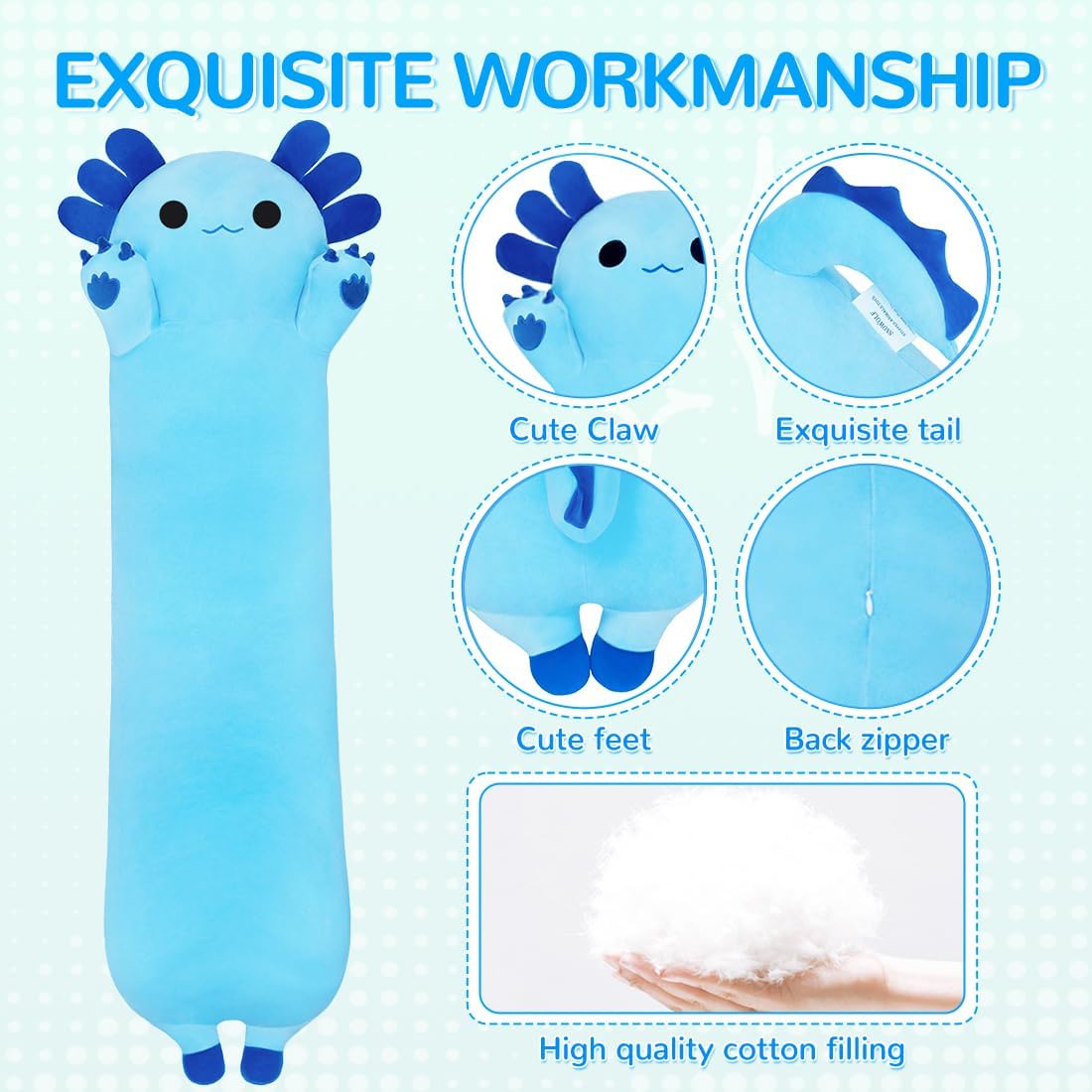 Juguete de ajolote de peluche de 43.3 pulgadas, almohada corporal de juguete de ajolote, regalo para niños y niñas (azul, 43.3 pulgadas)