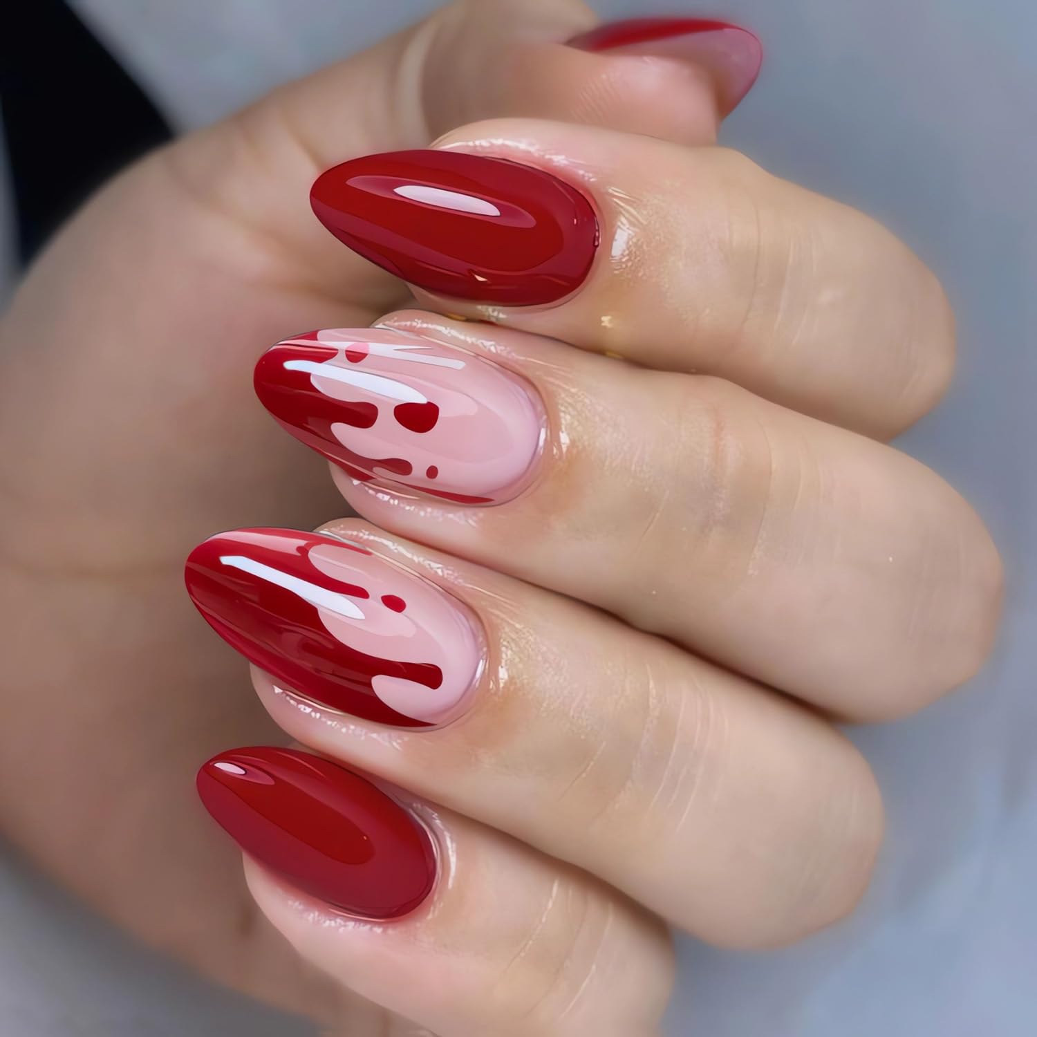 LPOONNDU – Uñas a presión de Halloween con forma de almendra, uñas postizas medianas de Halloween, color rojo brillante para mujeres, juego de 24