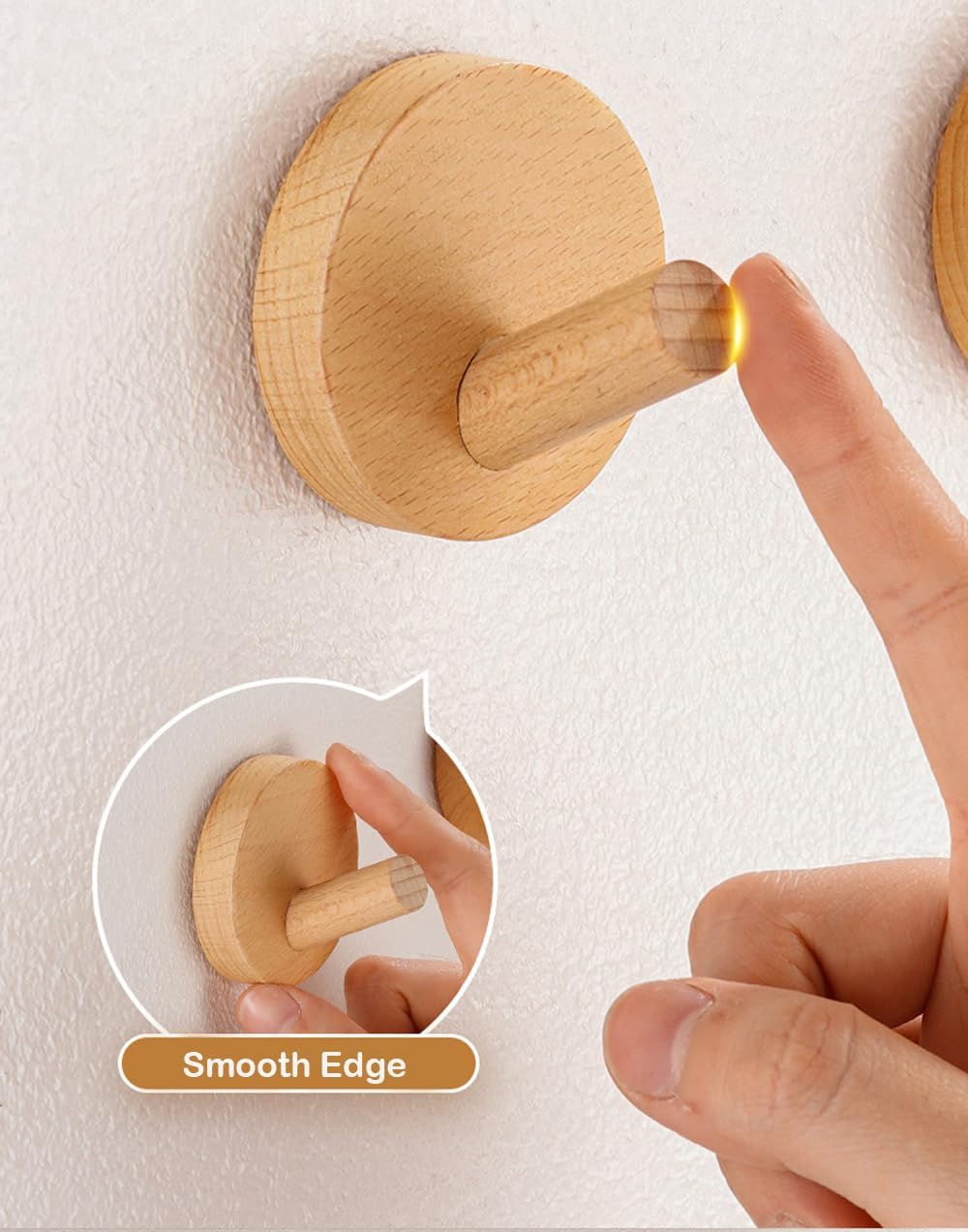 Gancho de pared de madera, gancho adhesivo sin taladro, gancho de madera natural para sombrero de entrada, dormitorio, ganchos decorativos para