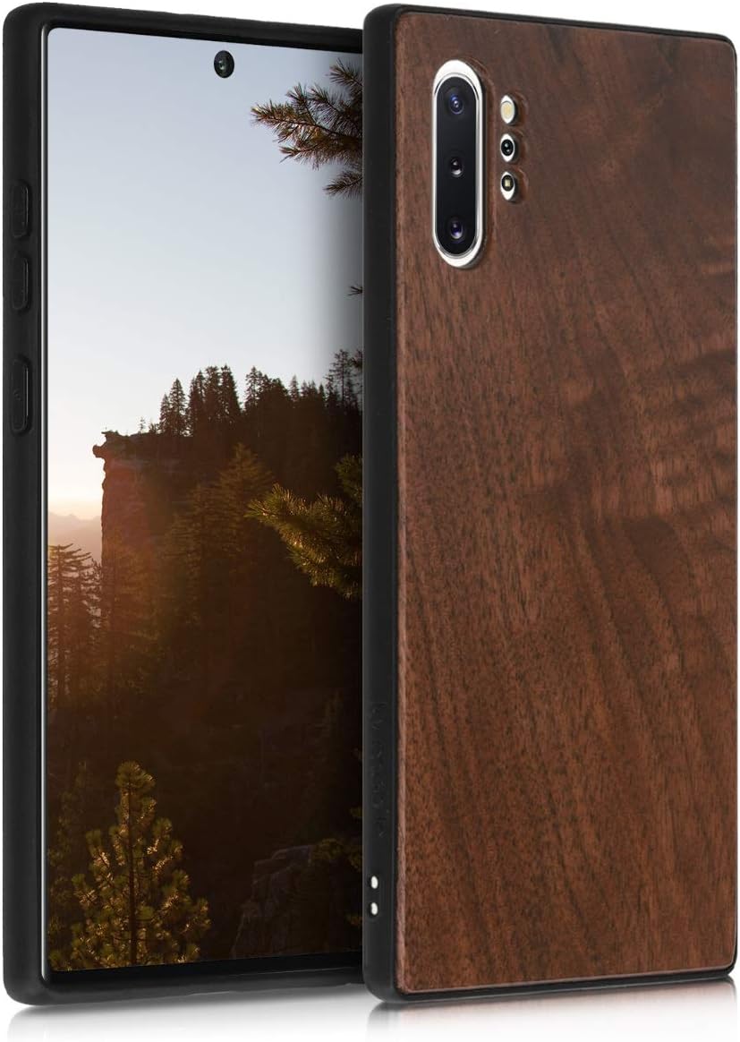 kwmobile Funda de madera real compatible con Samsung Galaxy Note 10 Plus, cubierta de madera dura con parachoques de TPU, color marrón oscuro