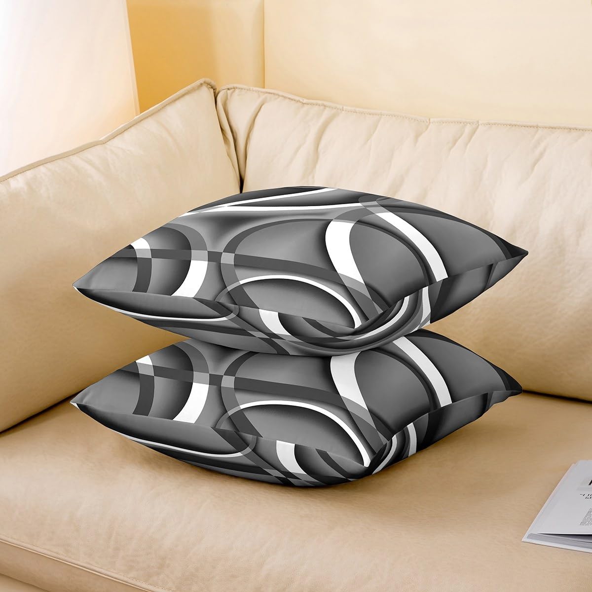 Juego individual de funda de almohada con círculos geométricos, líneas grises y blancas, funda de cojín decorativa para sala de estar, sofá,