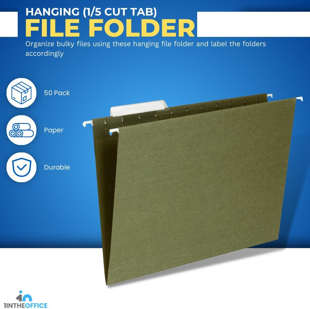 1InTheOffice Carpetas colgantes tamaño carta, carpetas de archivos organizadoras colgantes, carpetas colgantes verdes, pestañas de 15, 11 pt,