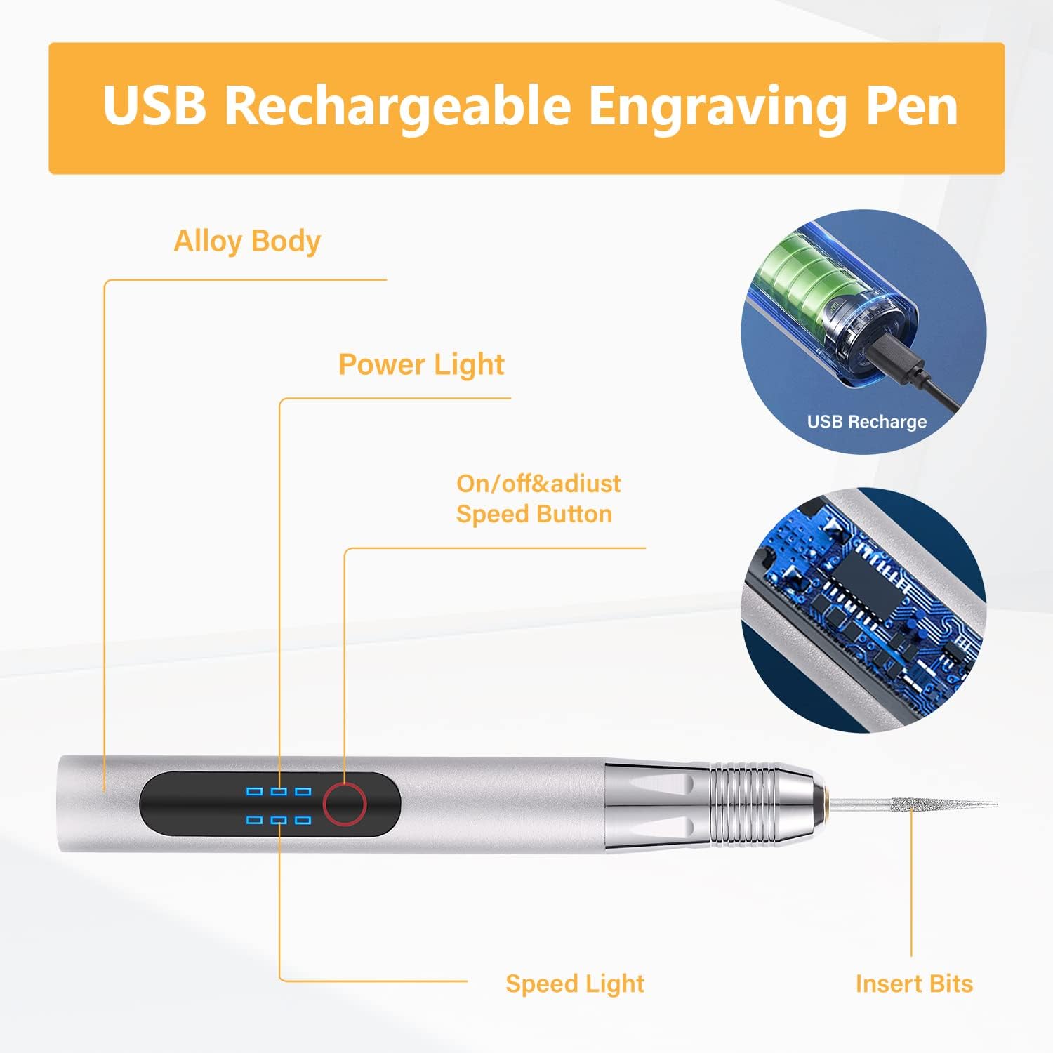 Bolígrafo de grabado inalámbrico, recargable USB tipo C, herramientas rotativas con 34 brocas y rueda de pulido para vidrio, metal, plástico, joyas,