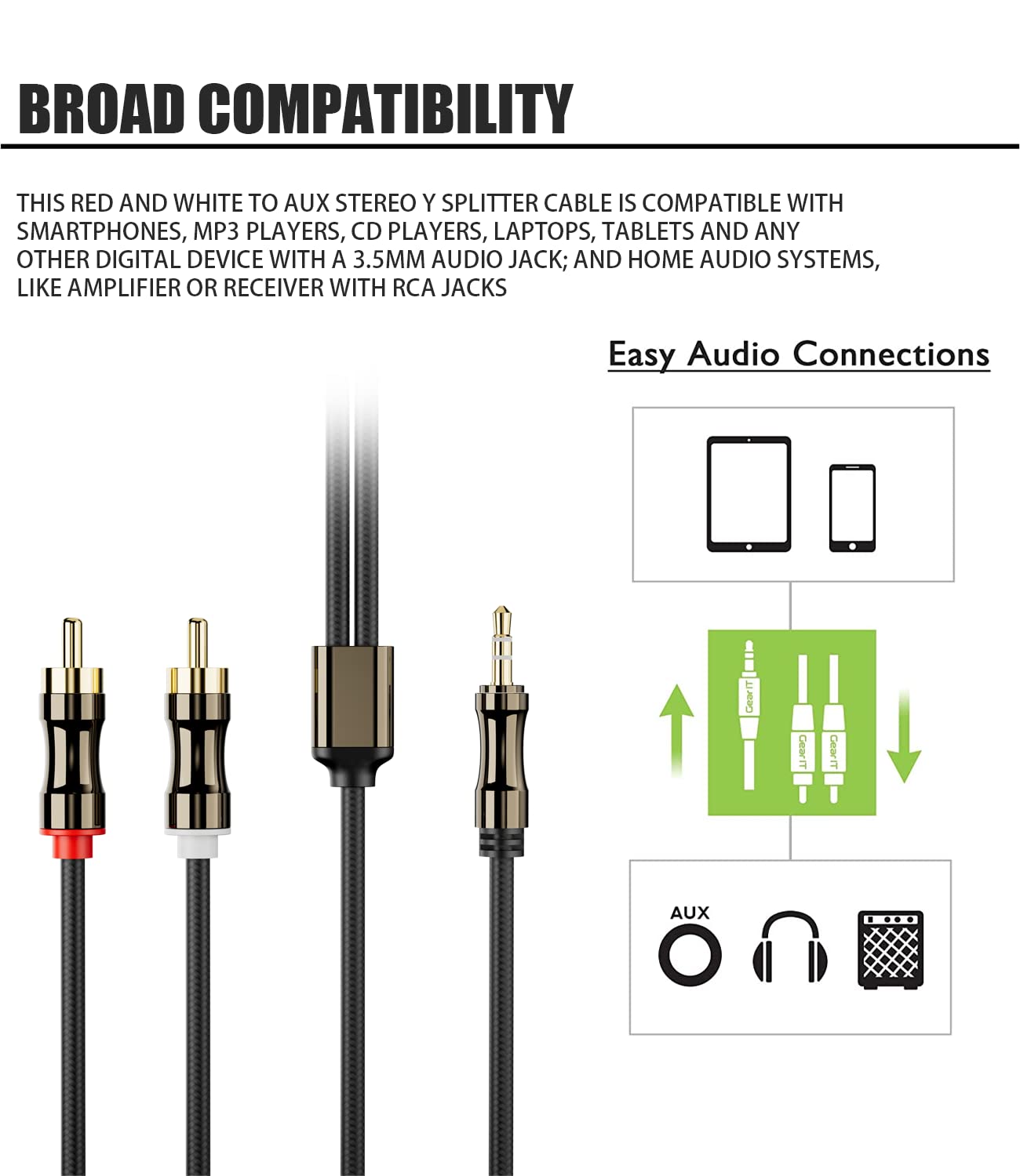 Cable de 0.138 in a 2RCA, adaptador de conector macho a macho, nailon trenzado de 18 a RCA, cable Y de audio chapado en oro, para teléfonos