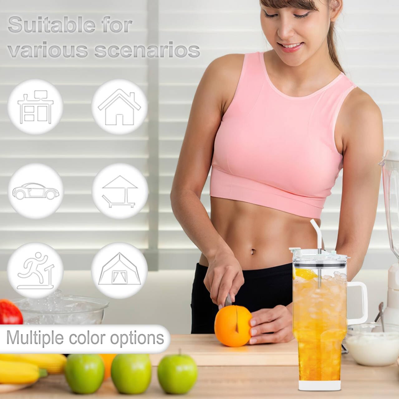 Vaso de vidrio con tapa y popotes, taza de vidrio de 40 onzas con asa, vasos para beber con posavasos de silicona, taza de agua de vidrio, taza de
