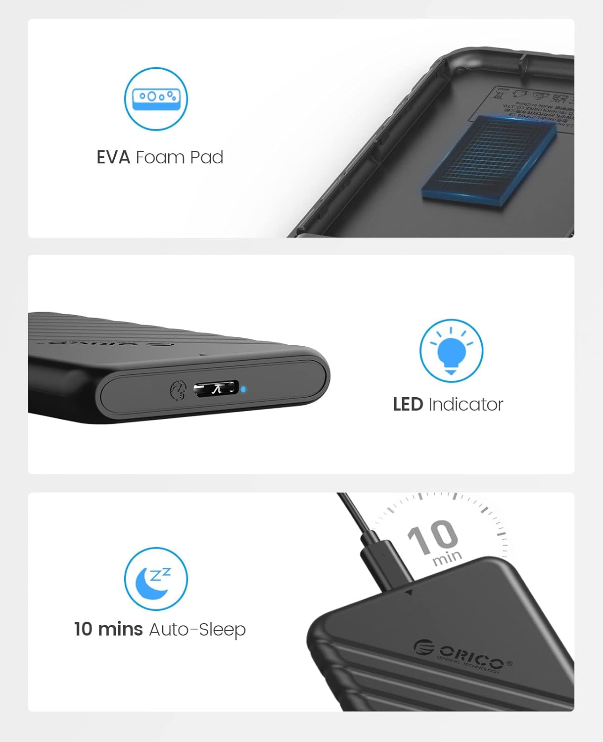 ORICO Caja de disco duro de 2.5 pulgadas USB 3.0 a SATA 5Gbps para 0.276-0.374 in SSD HDD Caja de disco duro externo compatible con UASP Trim Tool