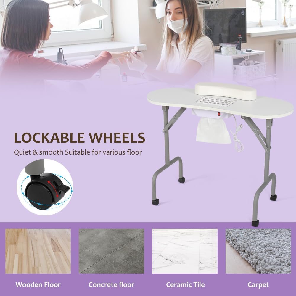 Mesa de manicura portátil plegable para uñas con estación de carga y colector de polvo, mesa profesional de tecnología de uñas para técnico, spa,