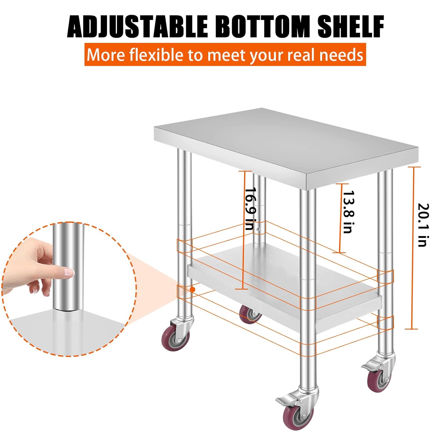 TECSPACE Mesa de trabajo de acero inoxidable con ruedas de 30 x 18 pulgadas, mesa de trabajo comercial resistente con estante inferior y ruedas,