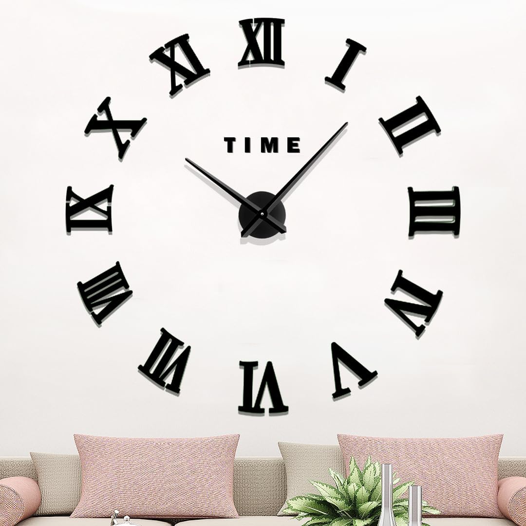 Reloj de pared 3D sin marco con números romanos vintage para decoración de sala de estar, relojes de pared decorativos a pilas (negro)