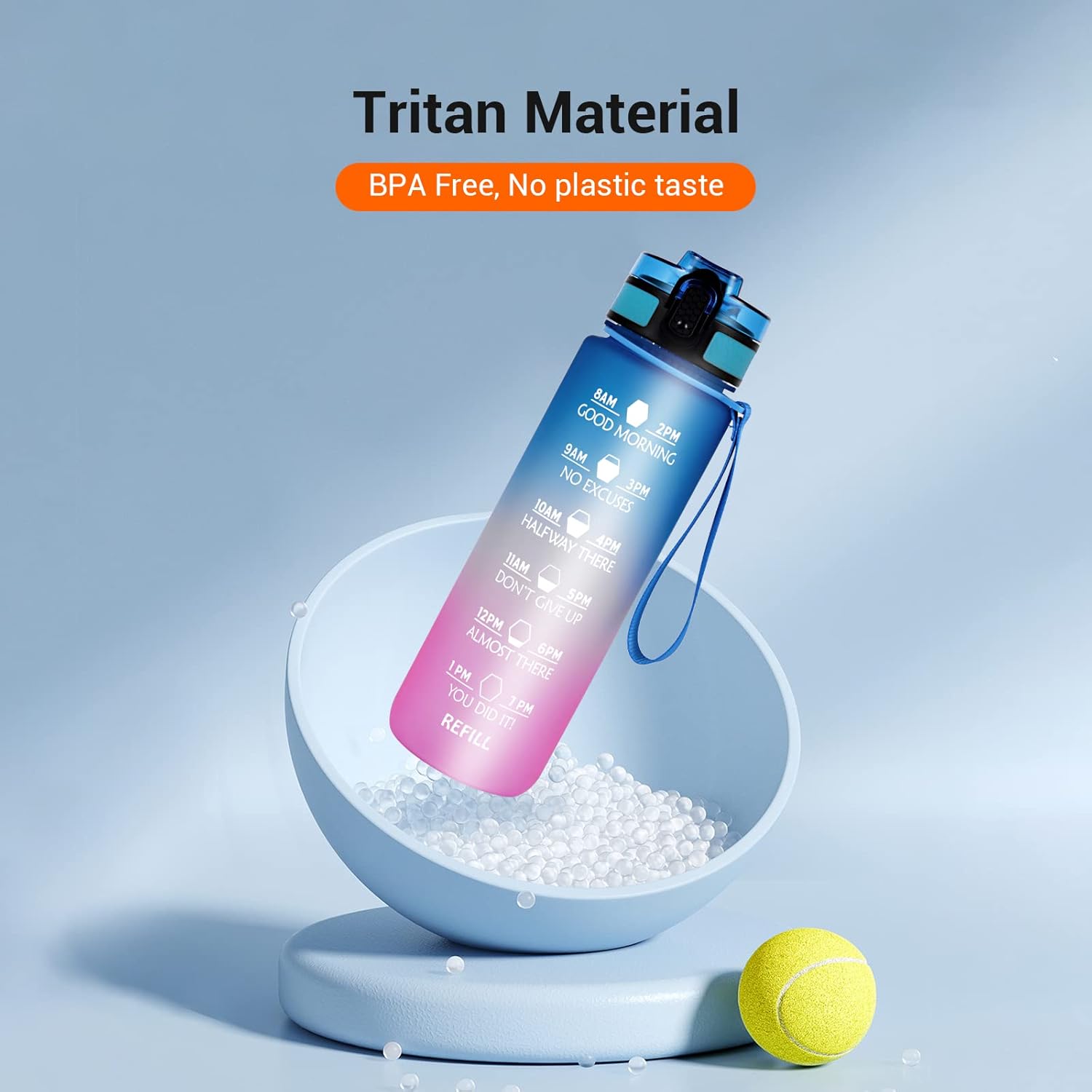 PZLife Botella de agua deportiva sin BPA, a prueba de fugas, 32 onzas, con escala de tiempo y colador de frutas, sabor no plástico, reutilizable,