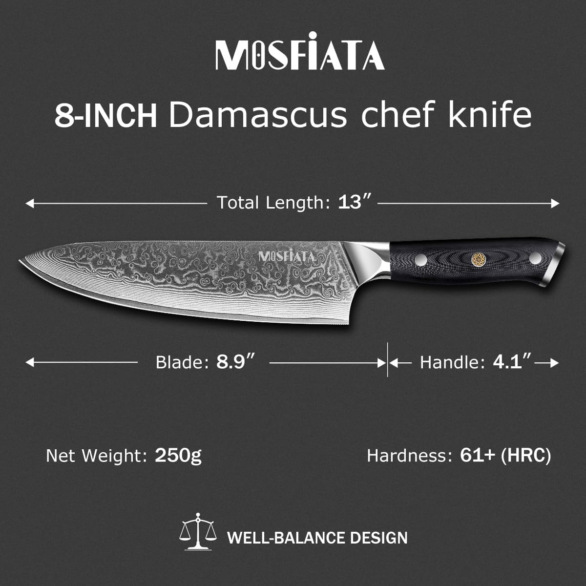MOSFiATA Juego de cuchillos de chef profesional de Damasco, 3 piezas, cuchillo de chef de 8 pulgadas, cuchillo Santoku de 7 pulgadas y cuchillo