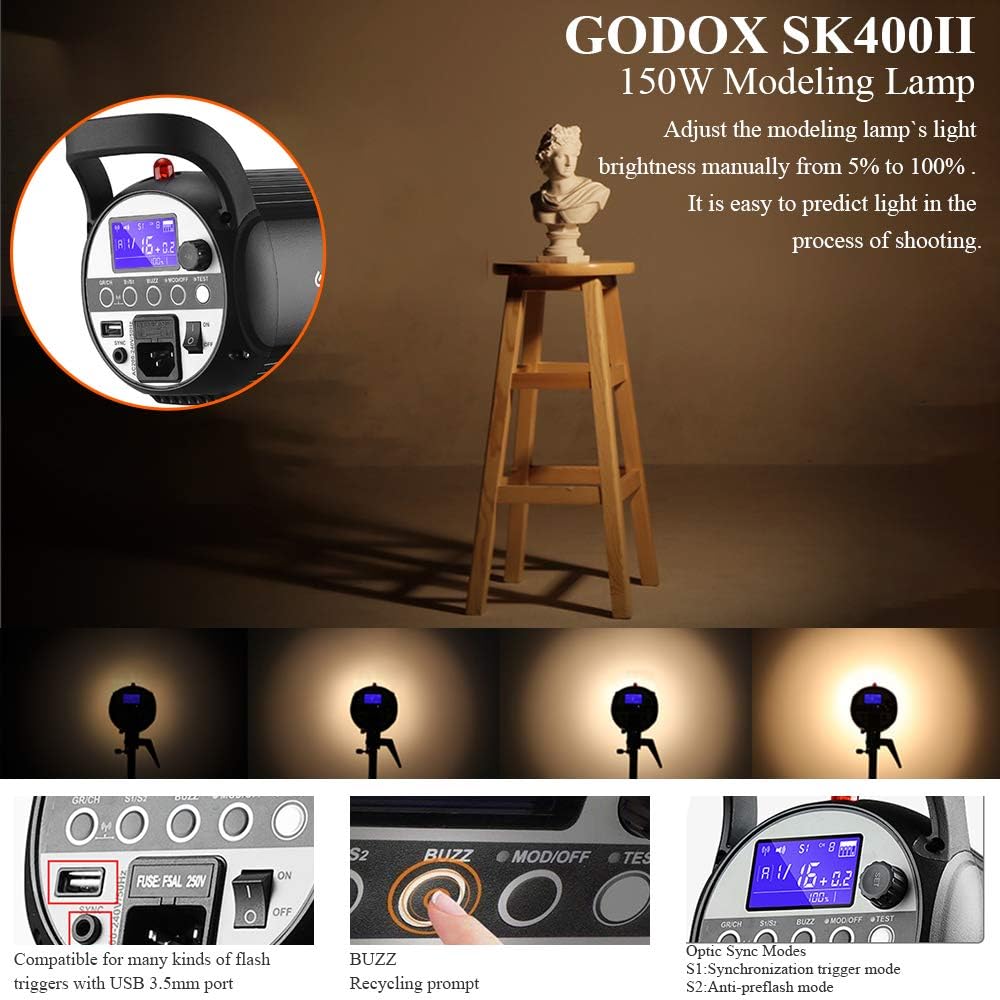 GODOX SK400II Estudio Estroboscópico Flash Light 400W GN65 5600K 150W Modelado Lámpara Profesional Speedlite para Estudio Retrato Fotografía