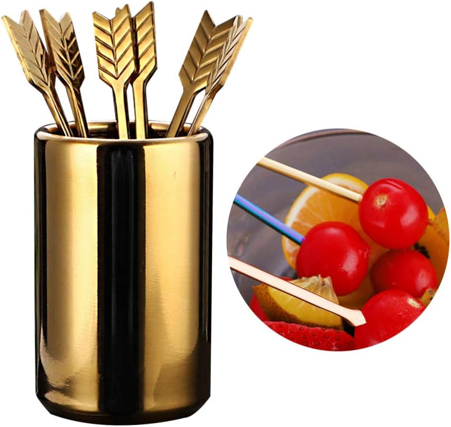Ciieeo 1 juego de palillos de cóctel de acero inoxidable, tenedores de frutas para aperitivos, pinchos de metal dorado para fiesta de frutas