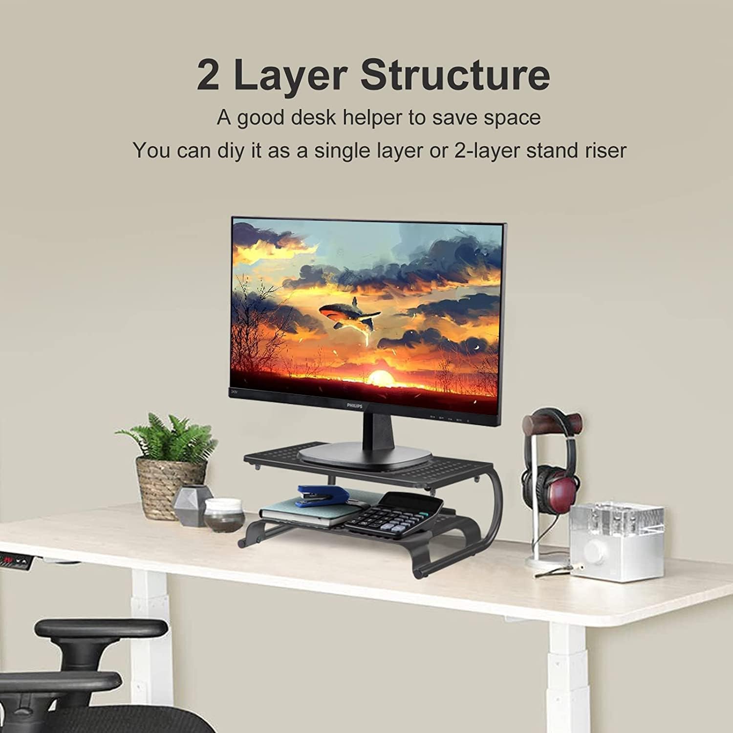 suptek Soporte elevador para monitor para computadora, laptop, impresora, cuaderno y todas las pantallas planas con plataforma de metal ventilada y