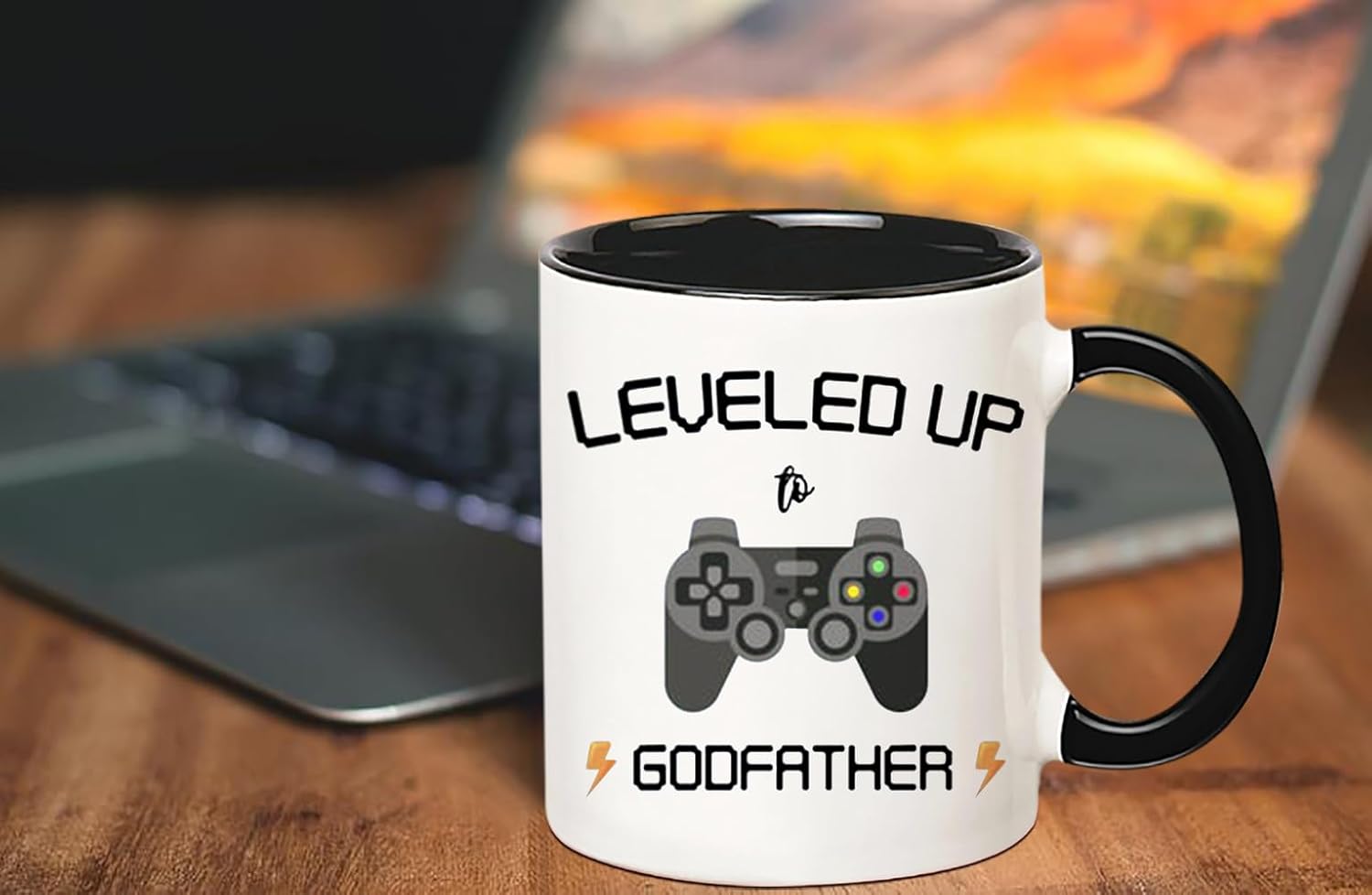 Taza de café Leveled Up To Godfather para jugadores, taza de café novedosa de 11 onzas