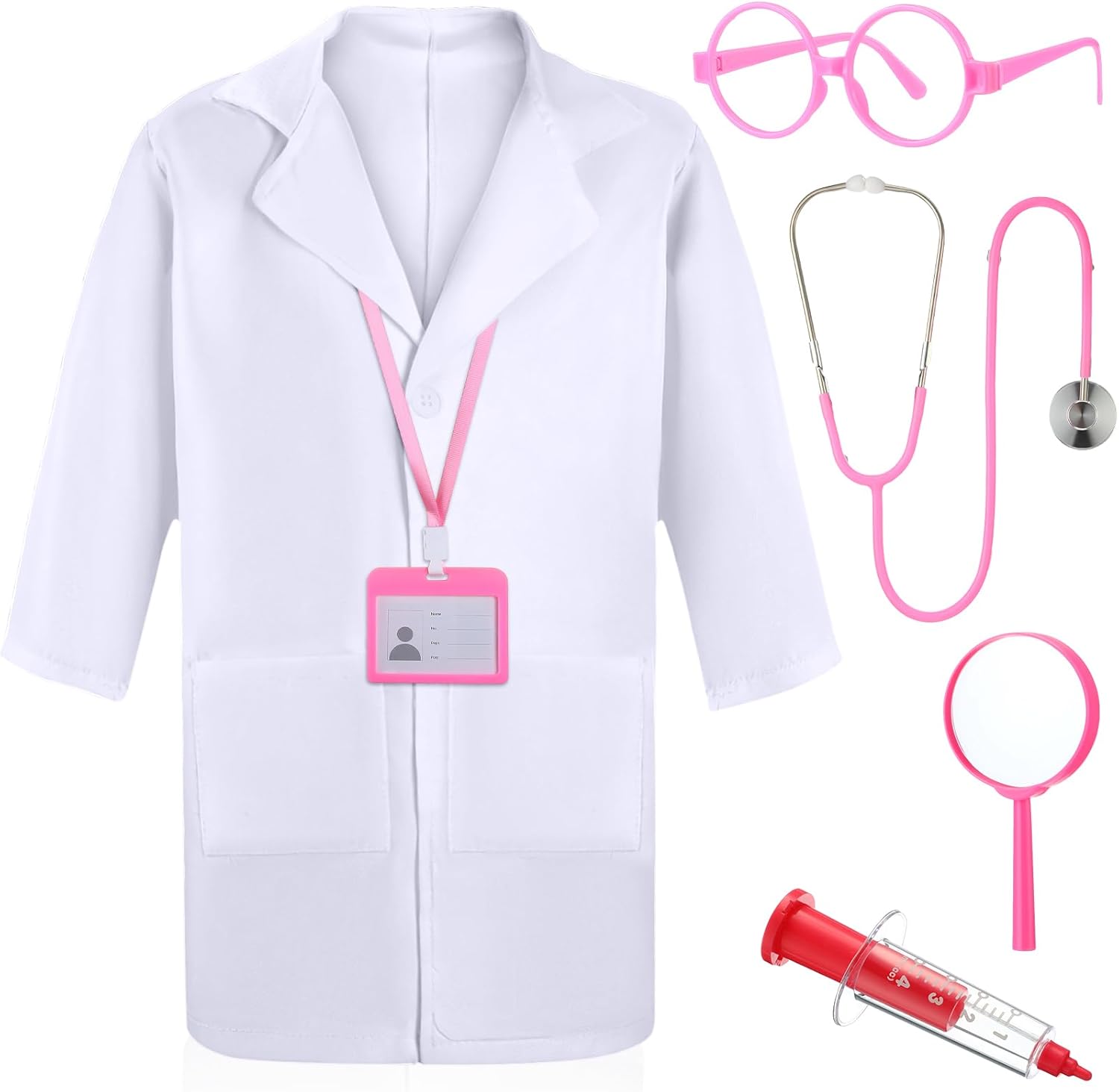 Xtinmee Disfraz de médico para niños, abrigo de laboratorio para niños con tarjetero de identificación, lupa, jeringa, estetoscopio, juguetes