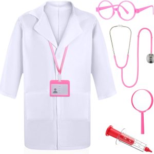 Xtinmee Disfraz de médico para niños, abrigo de laboratorio para niños con tarjetero de identificación, lupa, jeringa, estetoscopio, juguetes Xtinmee Disfraz de médico para niños, abrigo de laboratorio para niños con tarjetero de identificación, lupa, jeringa, estetoscopio, juguetes