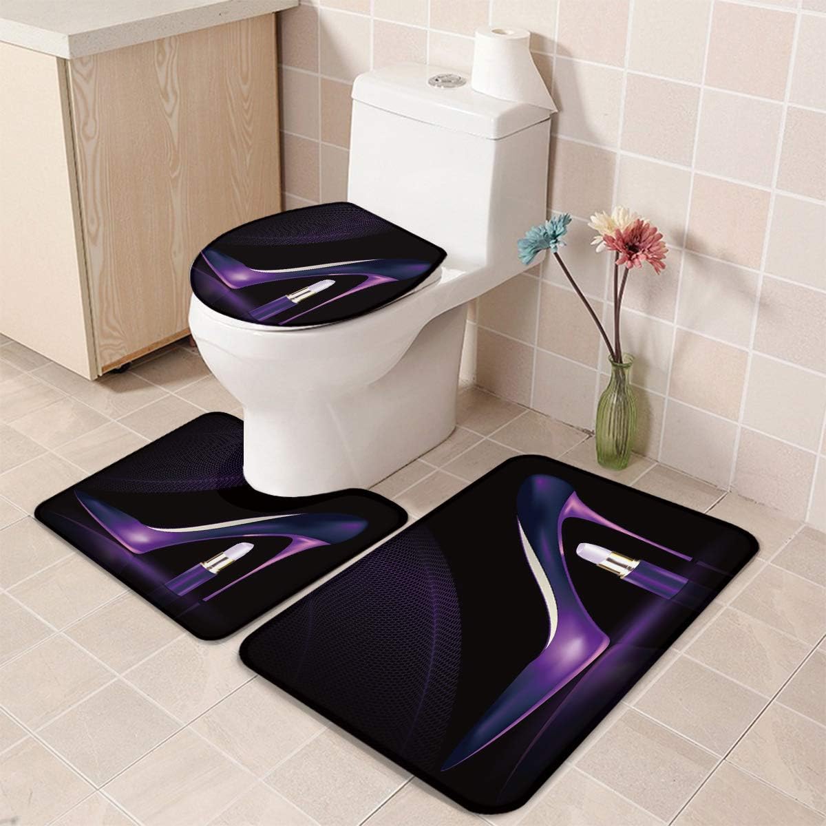 Juego de 3 alfombras de baño sexy de tacón alto, incluye tapete de contorno antideslizante, cubierta de tapa de inodoro en forma de U y tapete de