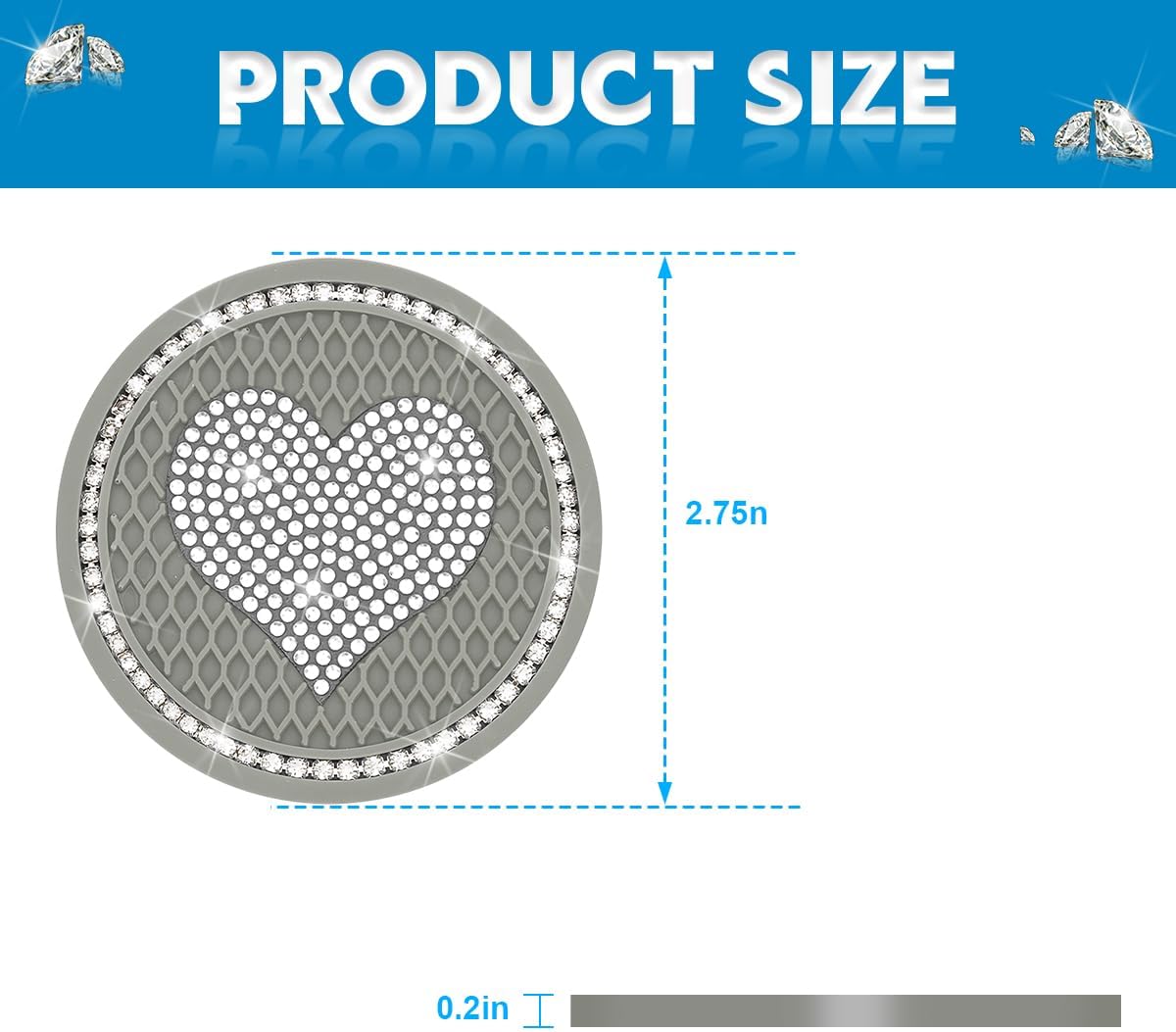 AICEL Posavasos para automóvil con diseño de corazón, 2 unidades, universales, de 2.75 pulgadas, con diamantes de imitación brillantes, tapete