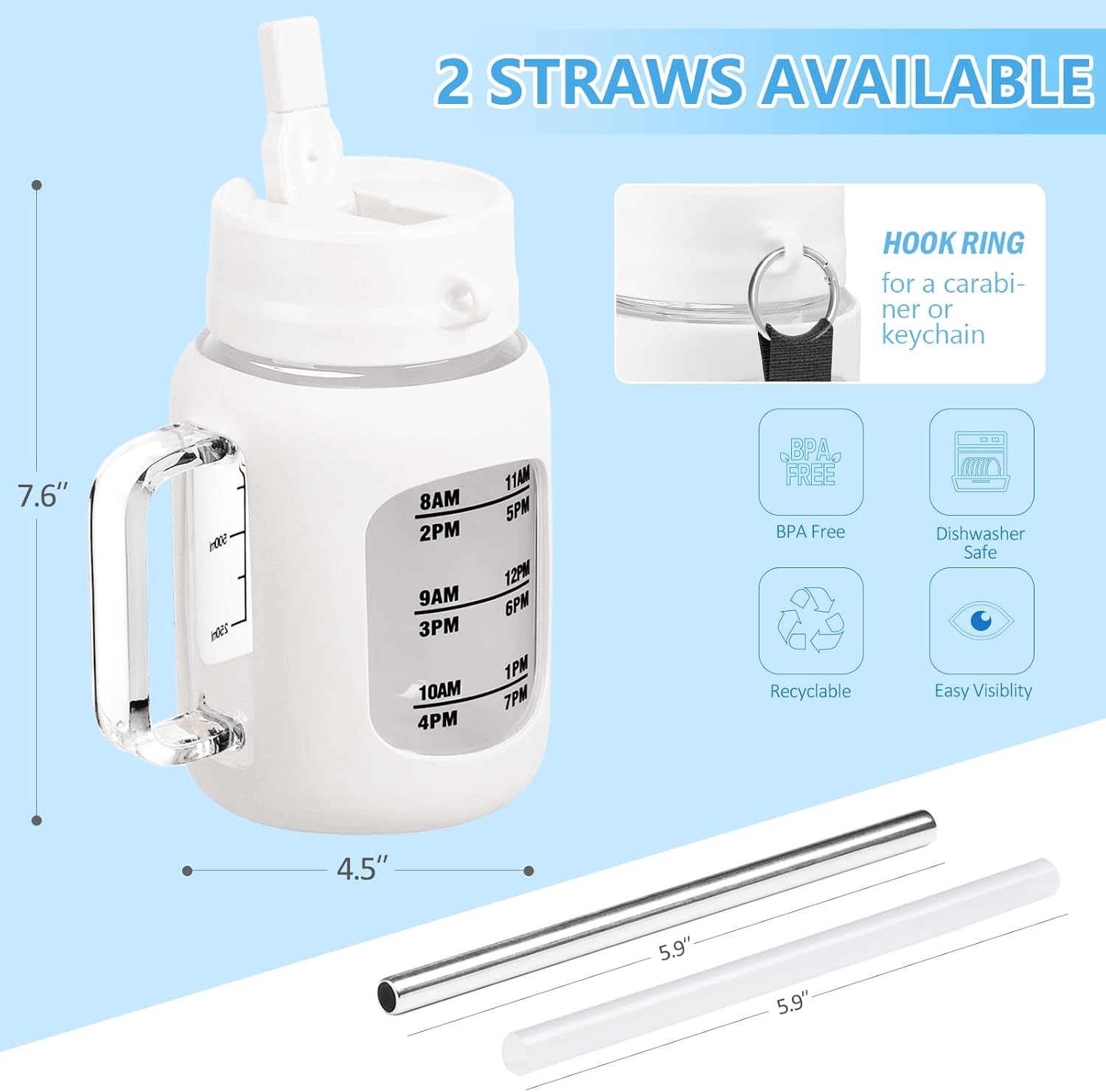 Botella de agua de vidrio de 32 onzas con asa, vaso de vidrio 100% a prueba de fugas con tapa de popote incorporada, reutilizable, vaso de agua de