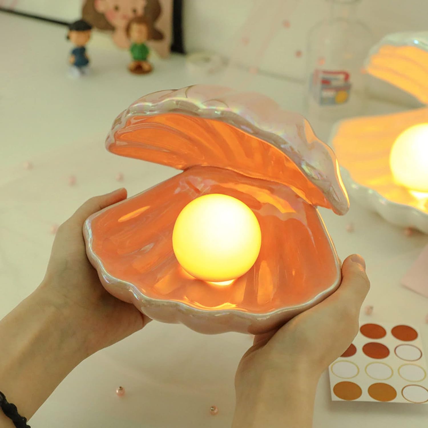BinaryABC Cerámica Shell Pearl Light Led Lámpara Portátil Noche Luz de mesa, Regalo de San Valentín (Rosa)