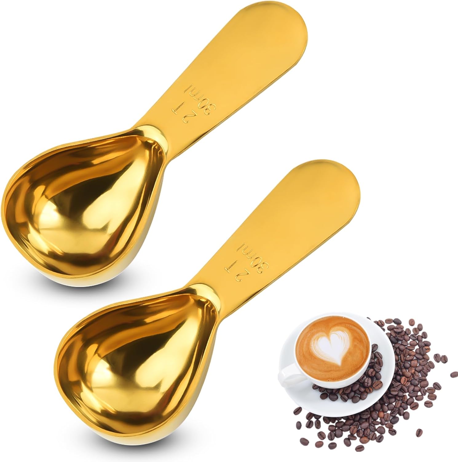 Paquete de 2 cucharas de café, cucharadas de café de acero inoxidable, cucharas medidoras para té, azúcar, café molido, grano entero (oro, 1.06 fl