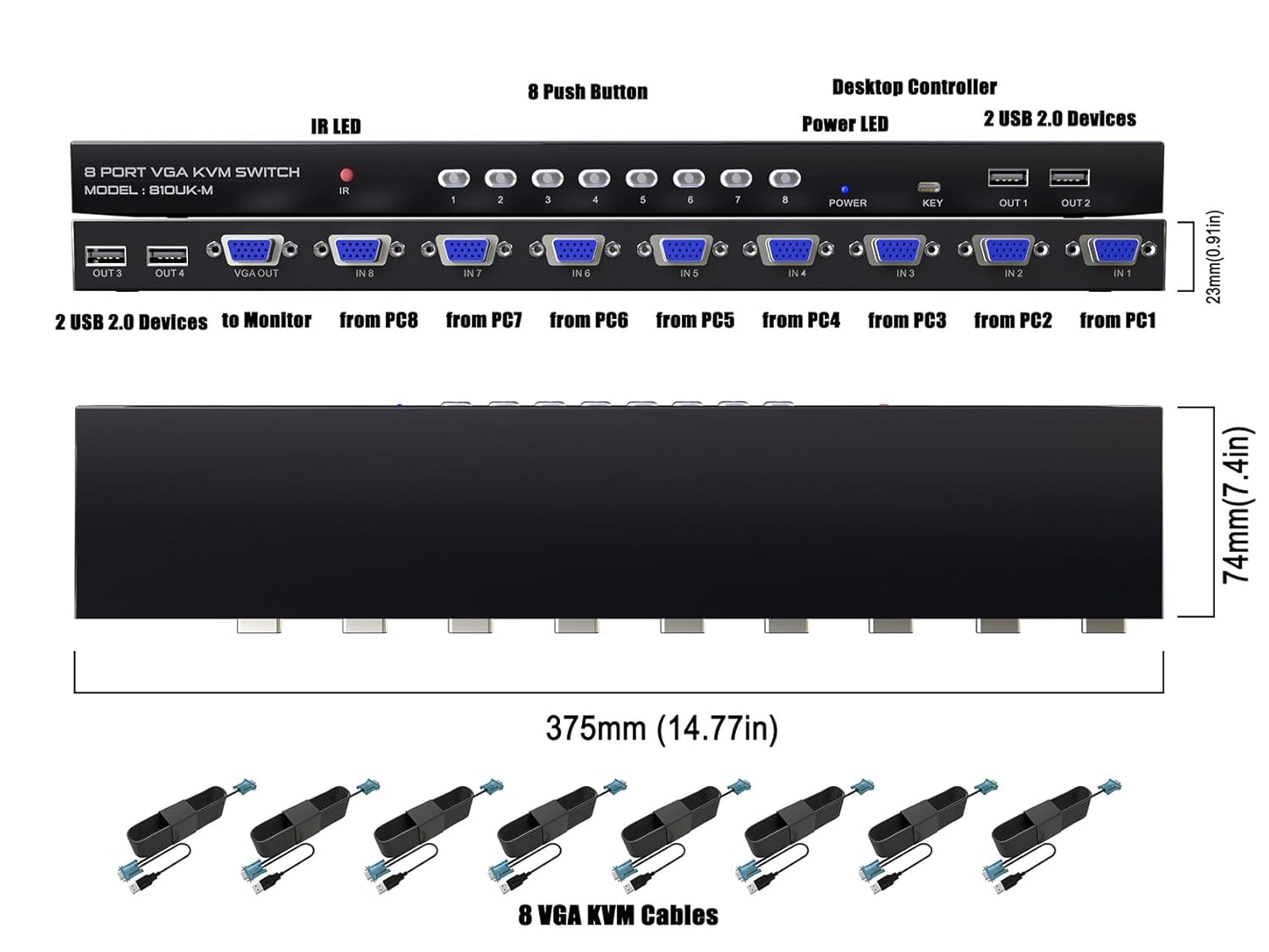 Conmutador KVM VGA de 8 puertos – Interruptor KVM con control remoto, conmutador USB 8 computadoras comparten 1 monitor, 4 concentradores USB 2.0,