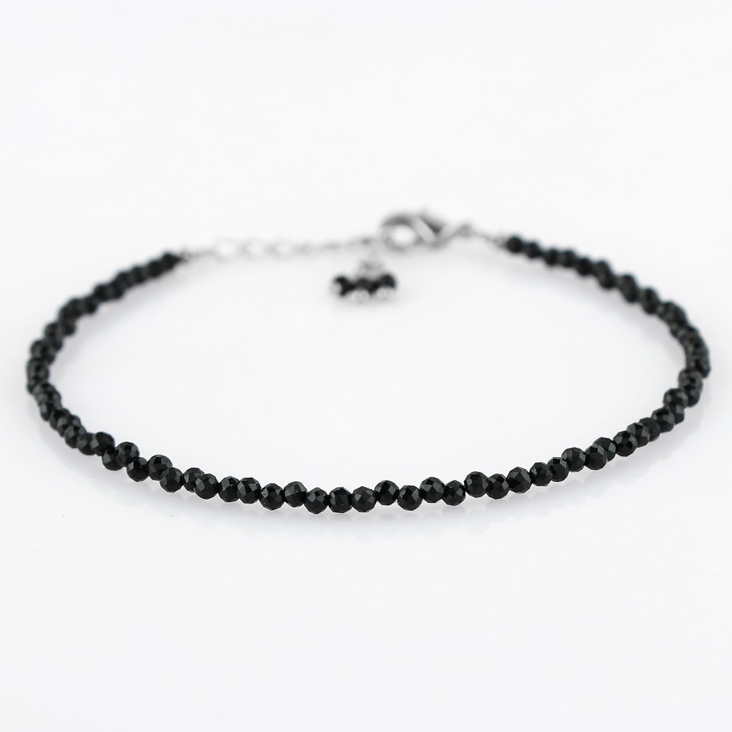 Natural Black Tourmaline Beads Bracelet Micro Faceted Gemstones Jewelry For Her, Birthstone Energy Healing Crystals, Silver Plated Chain 8 inch