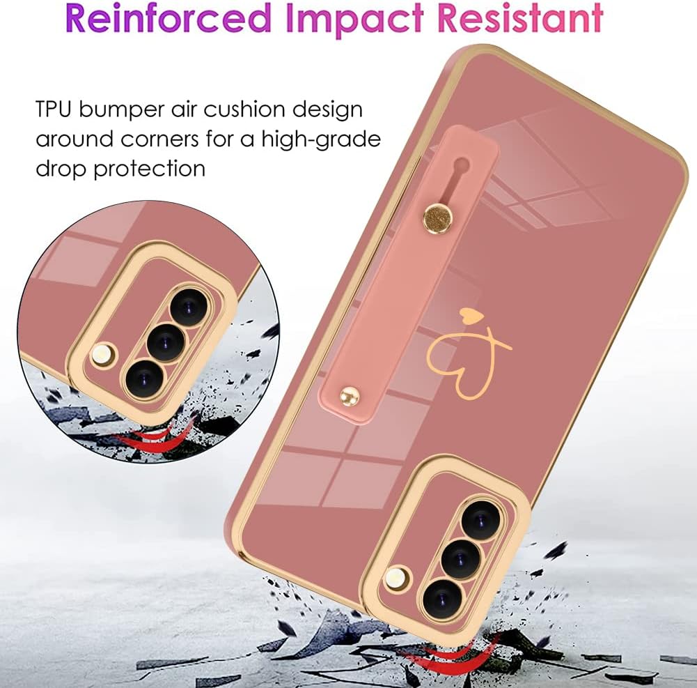 ZIYE Funda galvanizada de lujo para Galaxy S21 Plus 5G con correa chapado en corazón dorado para mujeres y niñas, antiarañazos, a prueba de golpes,