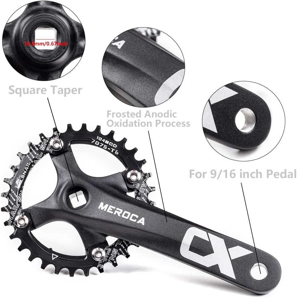 Cyclon Juego de bielas cuadradas de una sola velocidad, 6.693 in de bicicleta de montaña con 104BCD 32T34T36T38T40T42T, plato negro redondo de