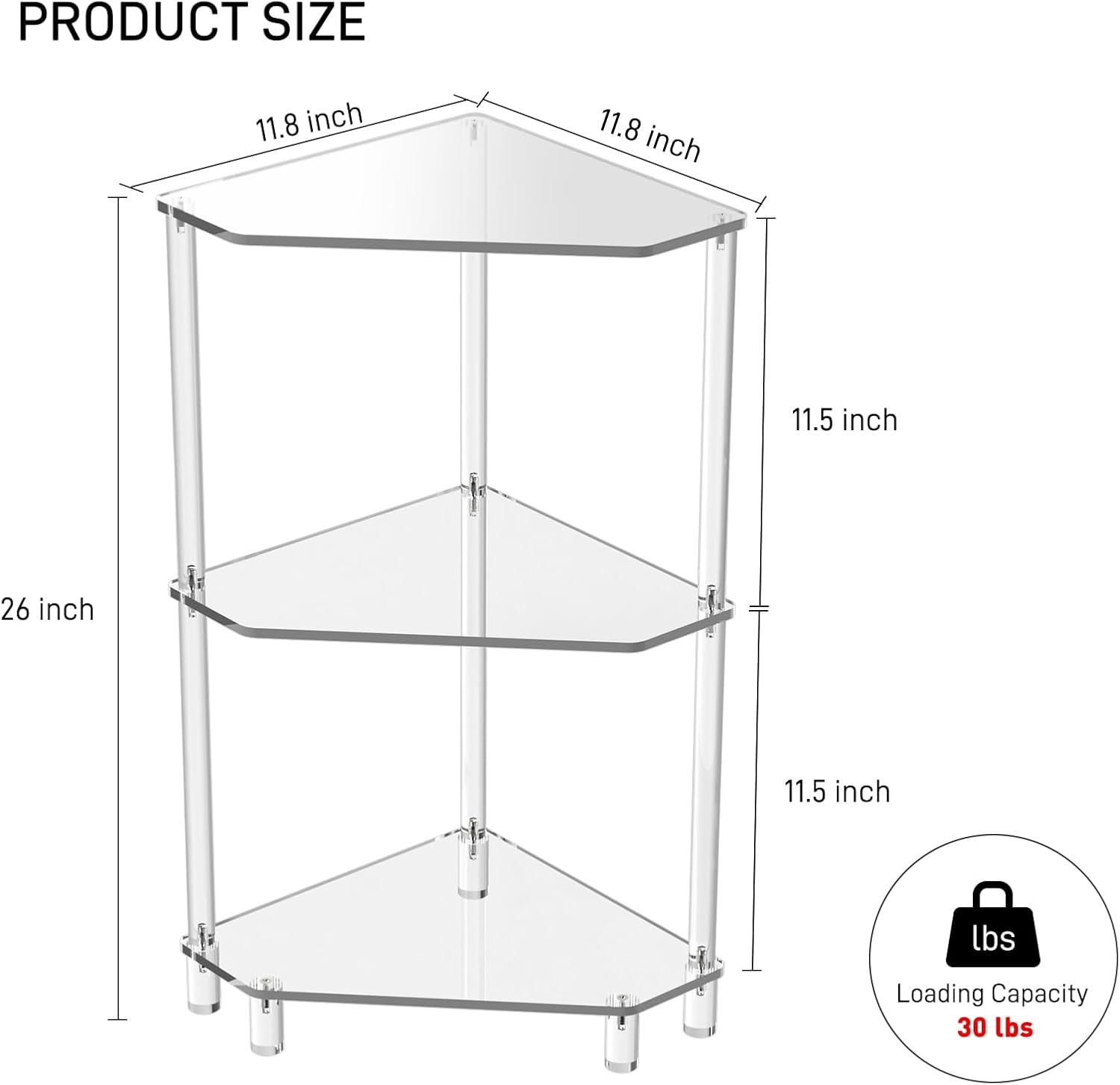 Eglaf Mesa auxiliar de esquina de acrílico, mesa auxiliar triangular de 3 niveles, mesa auxiliar pequeña para sala de estar, dormitorio, baño, 11.8