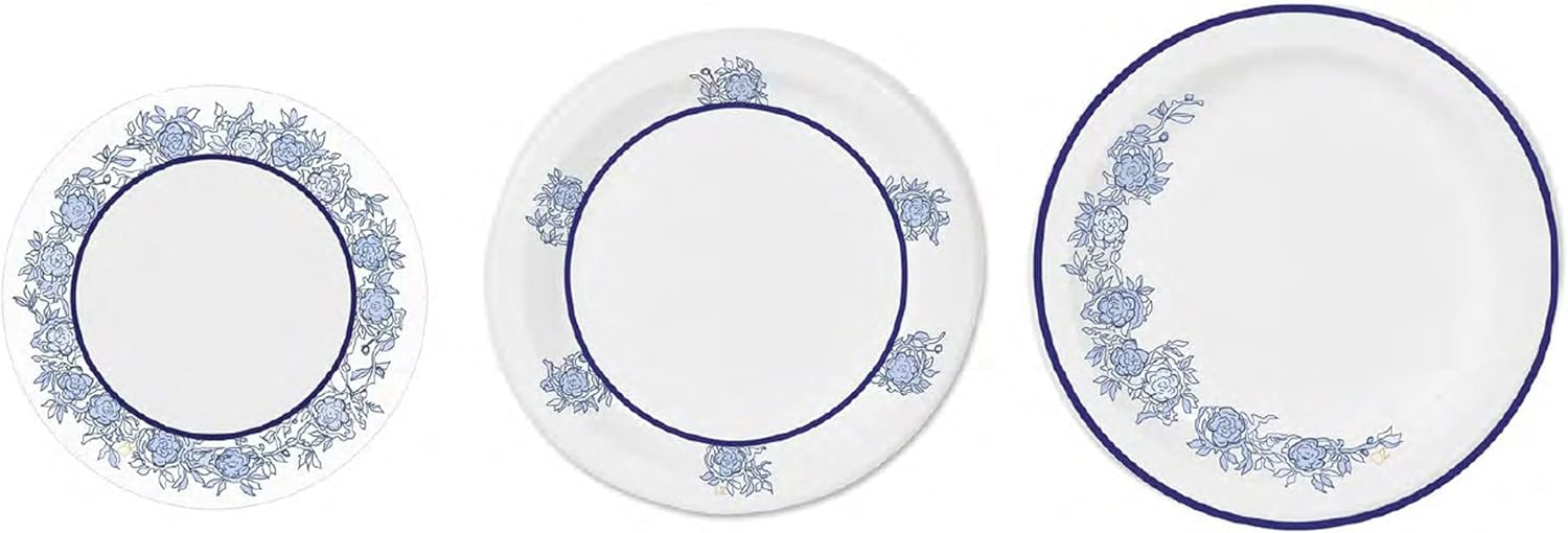DHG PROFESSIONAL Paquete de 42 vajilla de papel floral azul bellamente diseñada, vajilla desechable de lujo para cualquier ocasión (juegos de 3
