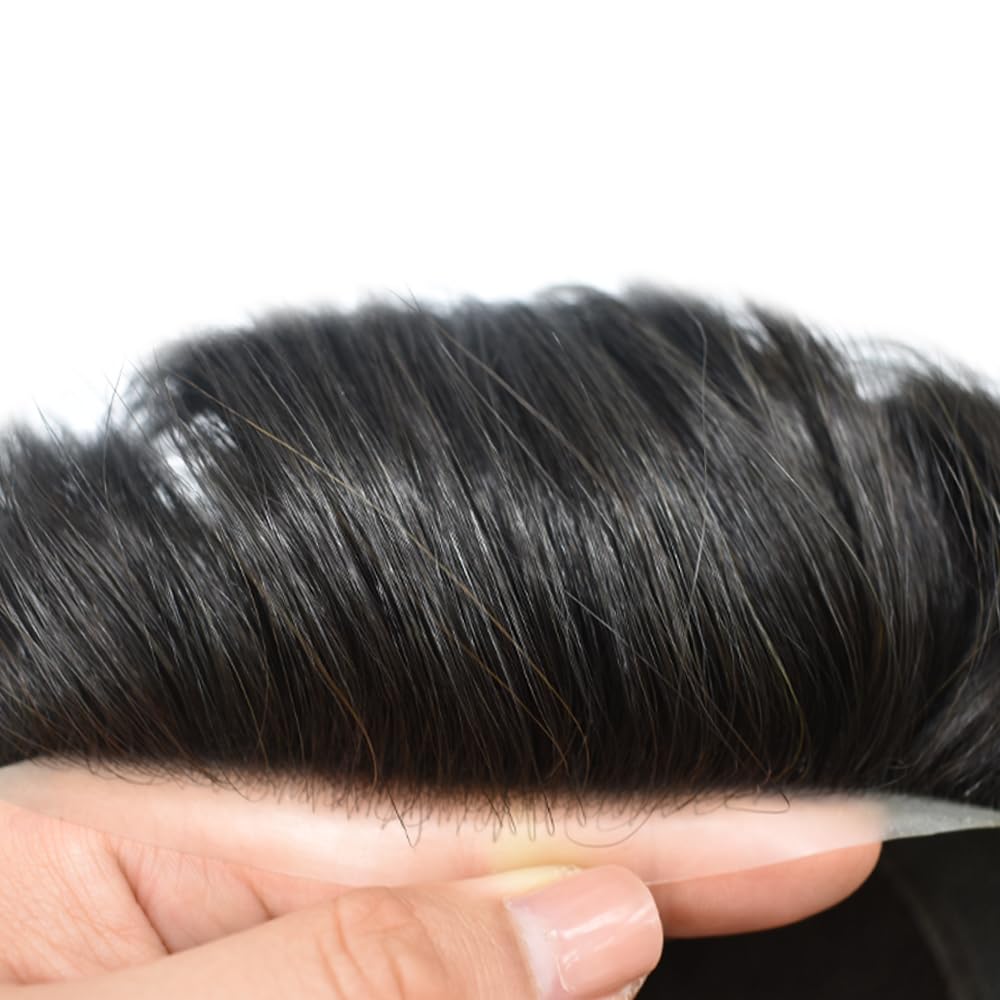 Healthlif Toupee para hombres, cabello humano europeo de encaje francés para hombre, sistema de reemplazo de cabello, piel de polietileno alrededor