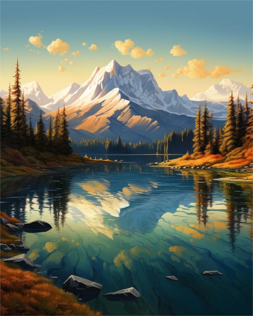 Zariocy Kits de pintura de diamantes 5D Mountain Lake, pintura de bricolaje con árbol de arte de diamante, paisaje redondo de taladro completo,