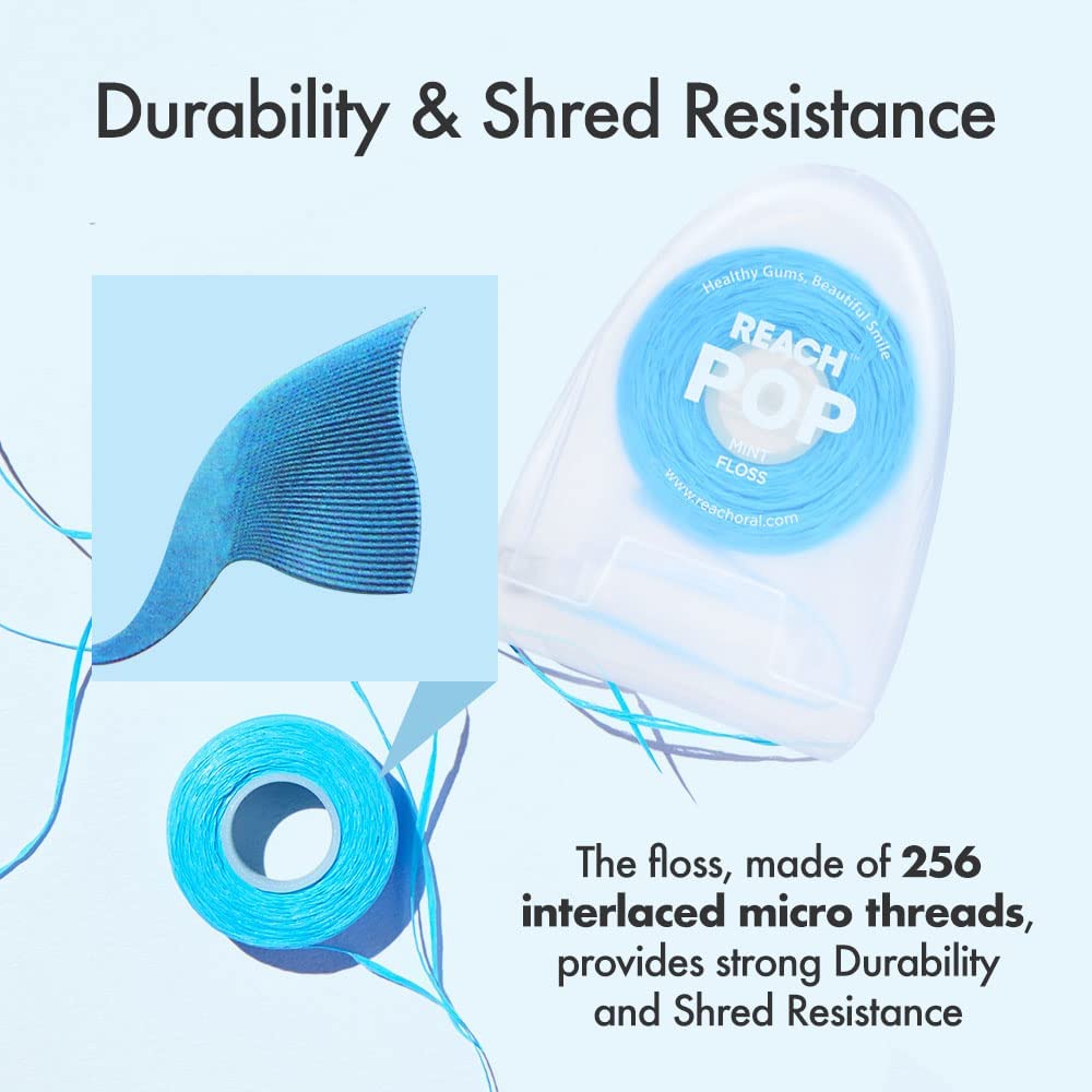 REACH Hilo dental POP  Cera vegana y sin PFAS, duradero y resistente a las trituraciones, se desliza suavemente y fácilmente  Eliminación efectiva