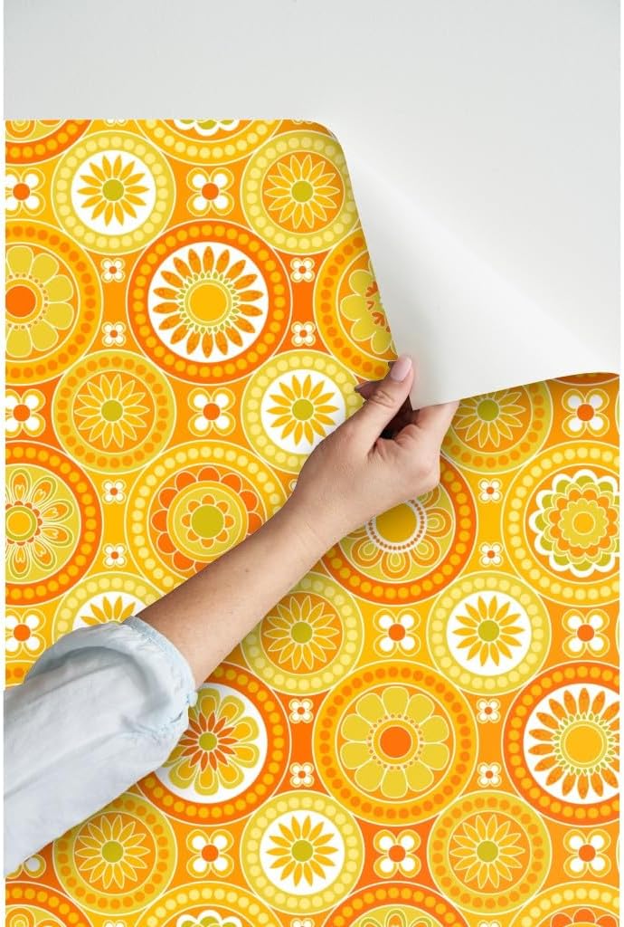 Spoonflower Peel & Stick Wallpaper 3ft x 2ft – Circle Tiles Yellow Flowers Retro Orange Geometric 70s 60s Vintage Custom Removable Wallpaper